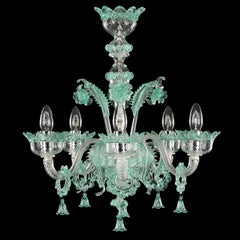 Lustre classique à 5 bras en verre de Murano transparent et vert avec anneaux multiforme