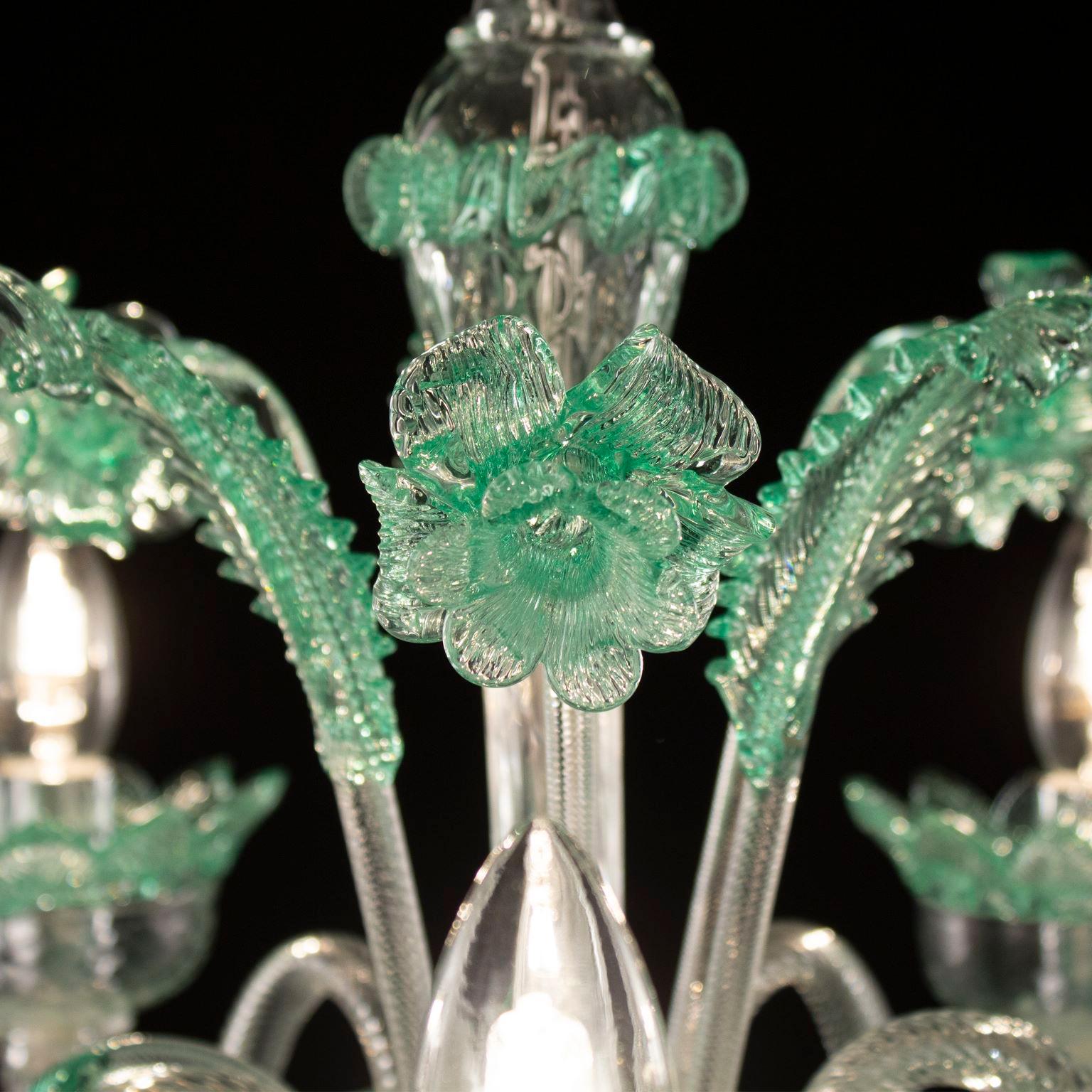 Other Classic Chandelier 5 Arms Clear and Green Murano Glass with Rings Multiforme For Sale