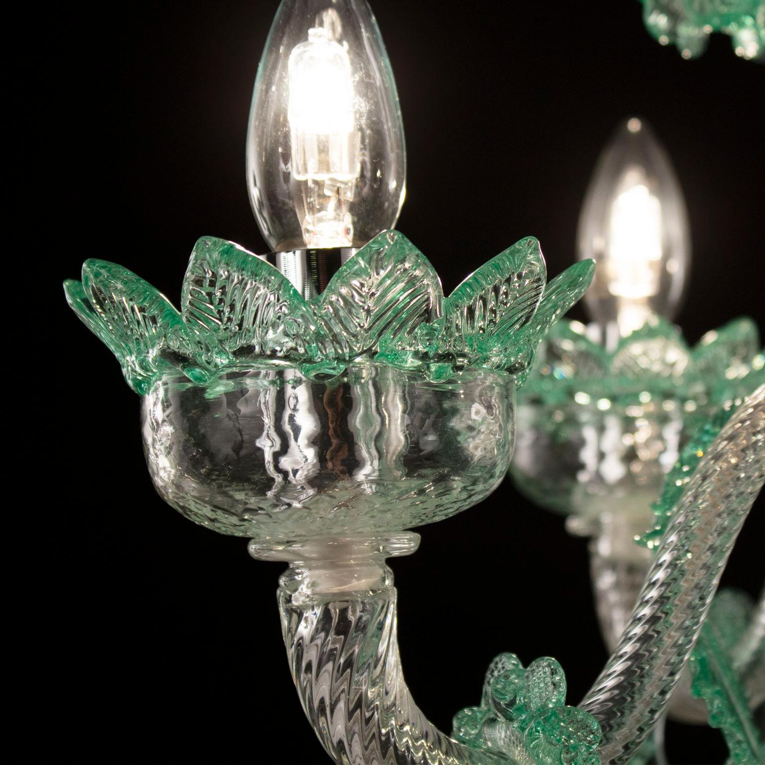 Italian Classic Chandelier 5 Arms Clear and Green Murano Glass with Rings Multiforme For Sale