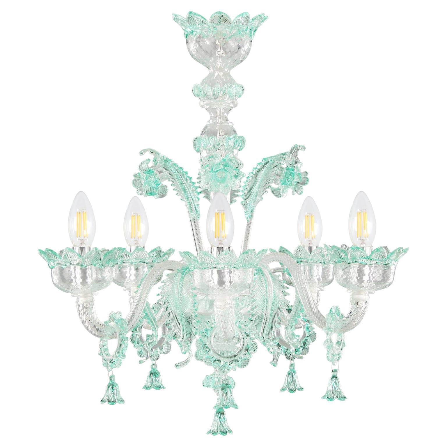 Lustre classique à 5 bras en verre de Murano transparent et vert avec anneaux multiforme