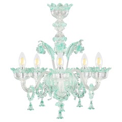 Classic Chandelier 5 Arms Clear and Green Murano Glass with Rings Multiforme