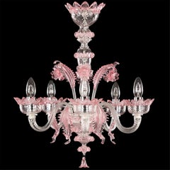 Classic Chandelier 5 Arms Clear and Pink Murano Glass by Multiforme