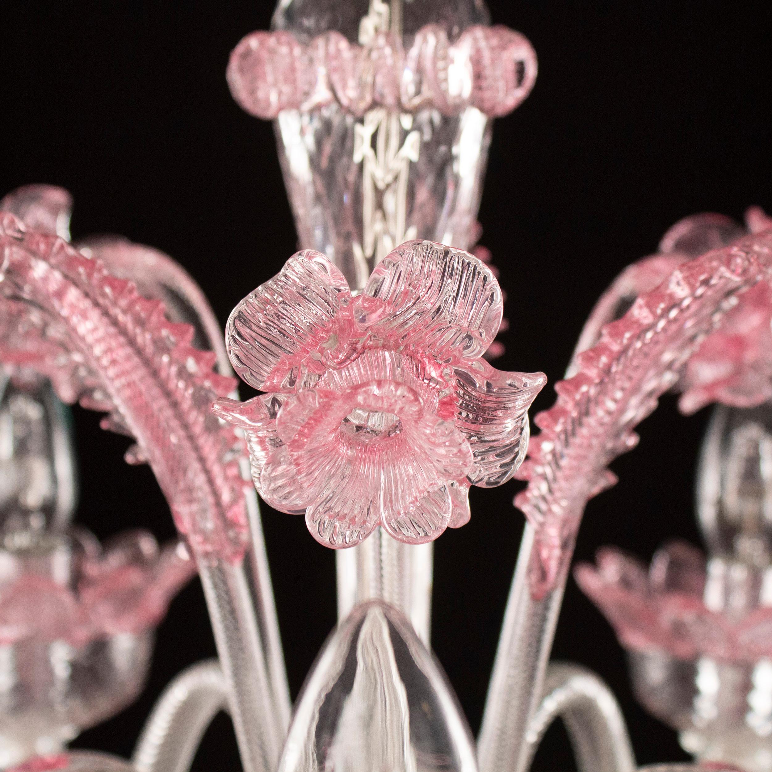 Italian Classic Chandelier 5 Arms Clear and Pink Murano Glass by Multiforme For Sale