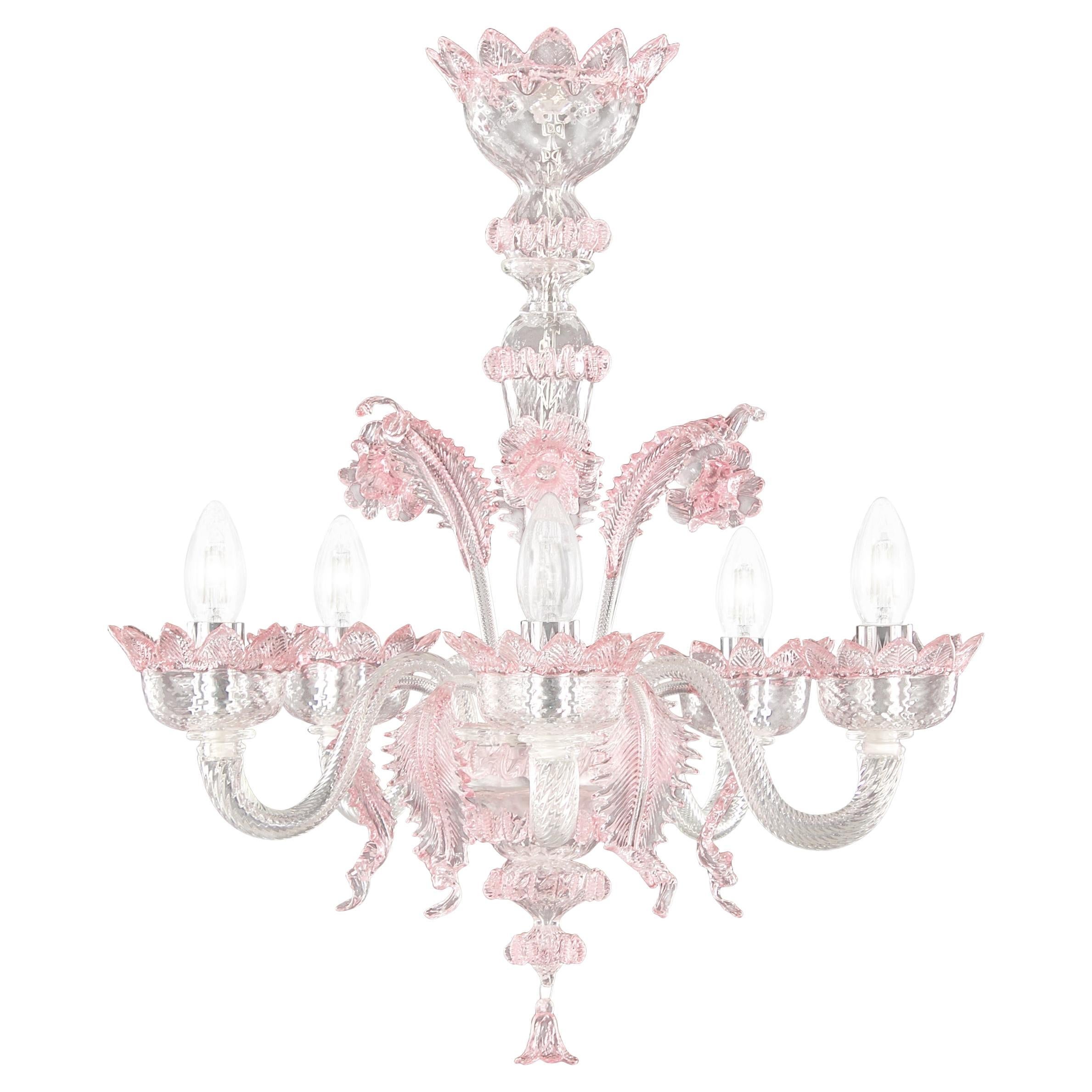 Classic Chandelier 5 Arms Clear and Pink Murano Glass by Multiforme For Sale