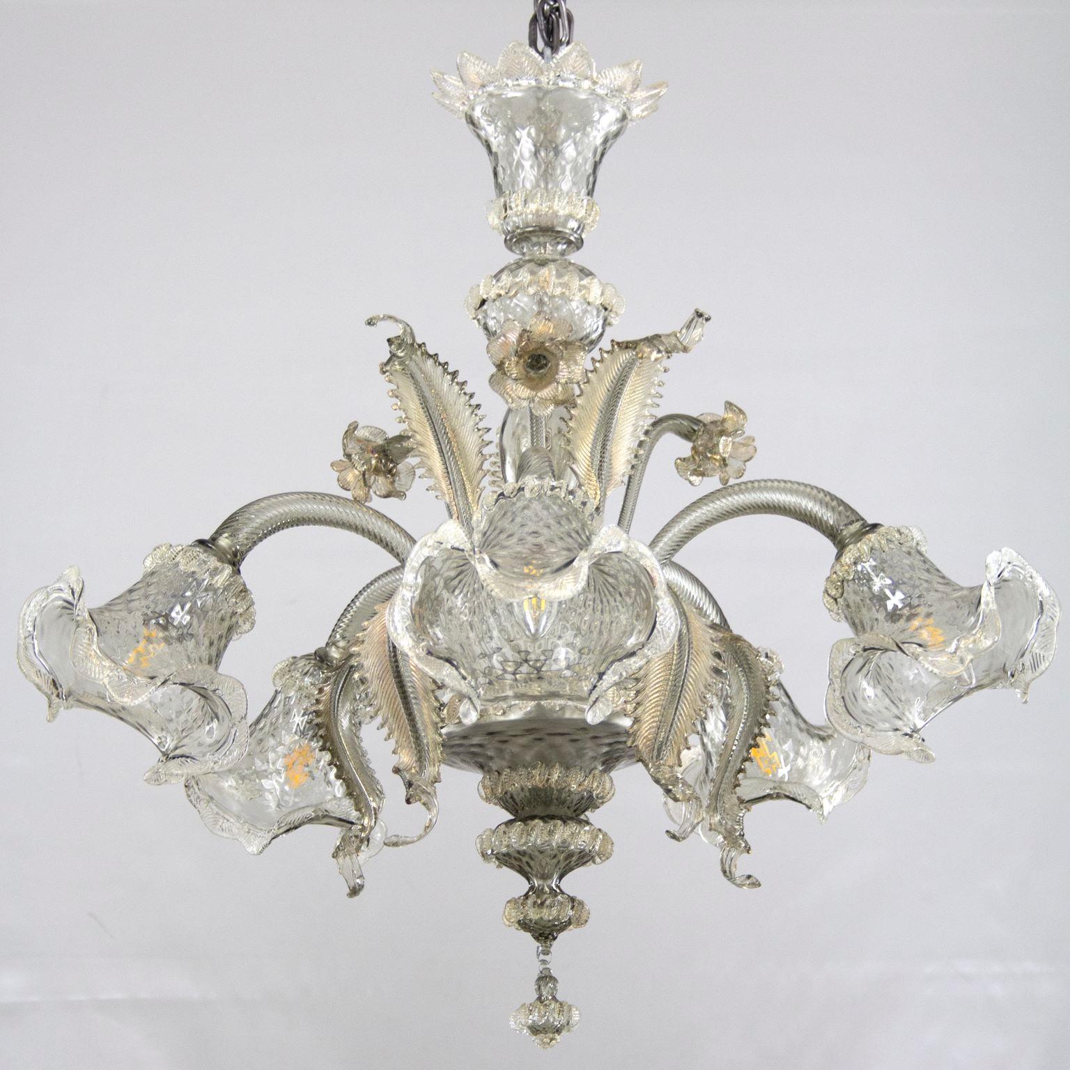 Blown Glass Classic Chandelier 5 Arms, light grey-gold Murano Glass by Multiforme in stock For Sale