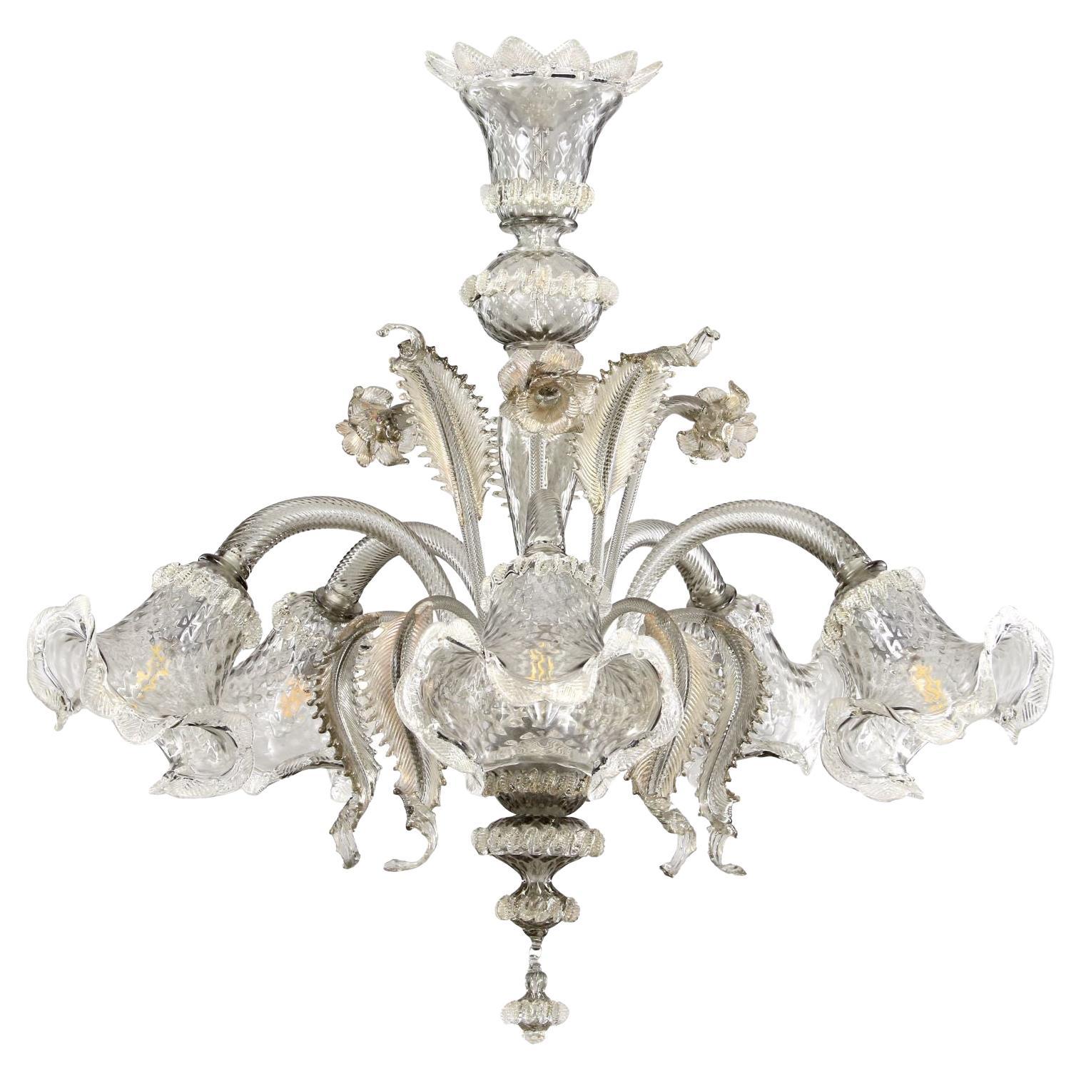 Classic Chandelier 5 Arms, light grey-gold Murano Glass by Multiforme in stock For Sale