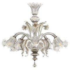 Classic Chandelier 5 Arms, light grey-gold Murano Glass by Multiforme in stock