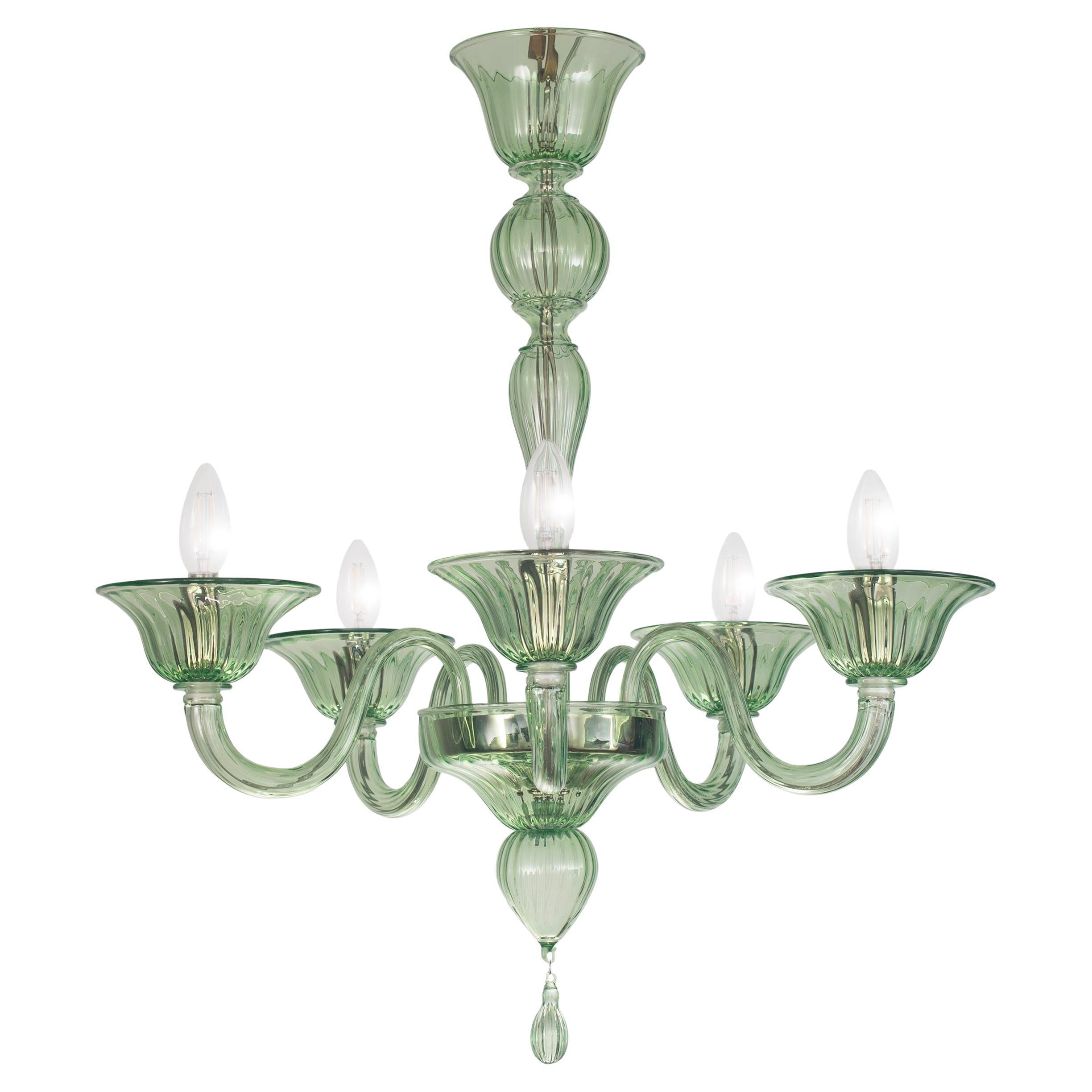 Classic Chandelier, 5 Arms Green Murano Glass Simplicissimus by Multiforme For Sale