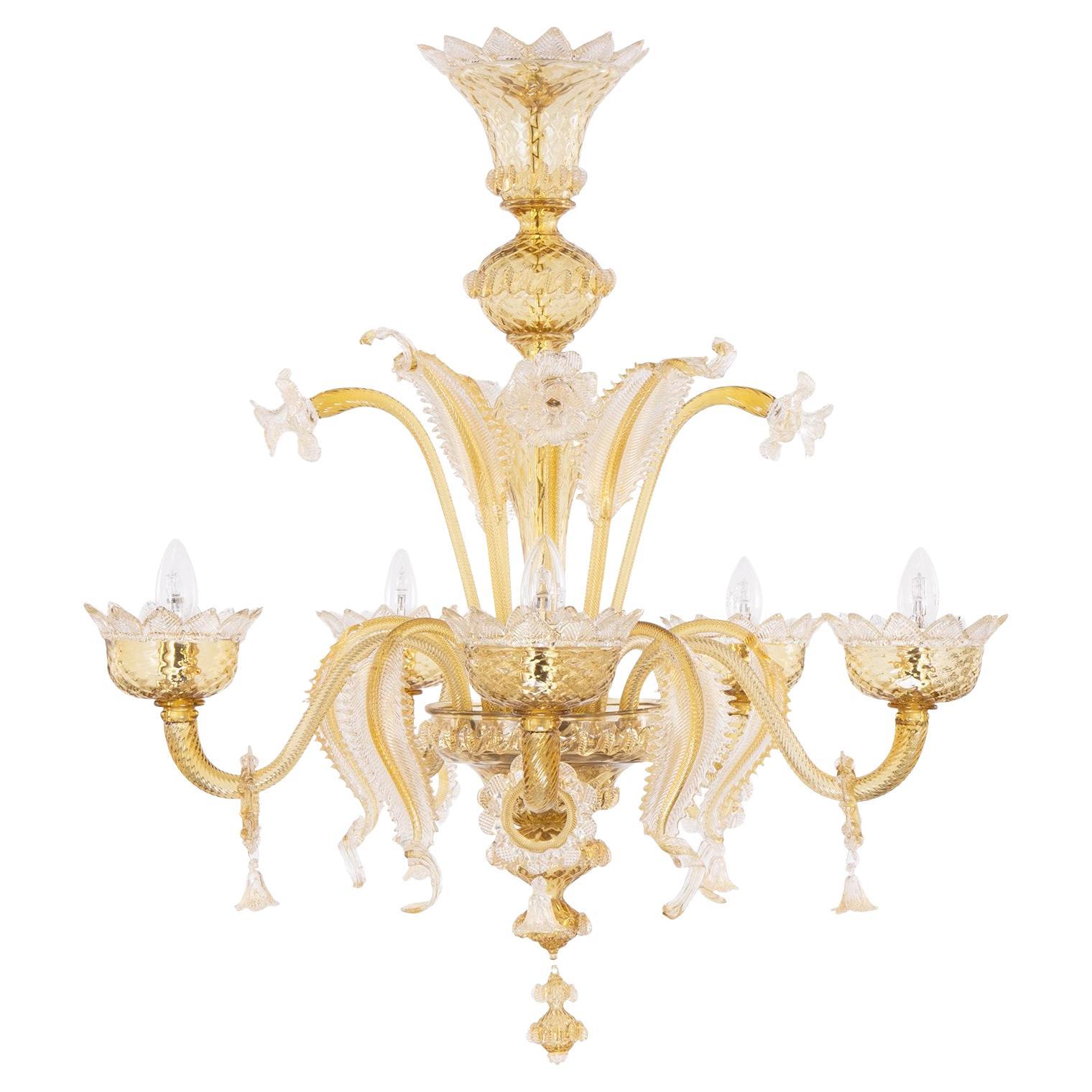 Classic Chandelier 5Arms Straw-clear-gold Murano Glass by Multiforme  For Sale