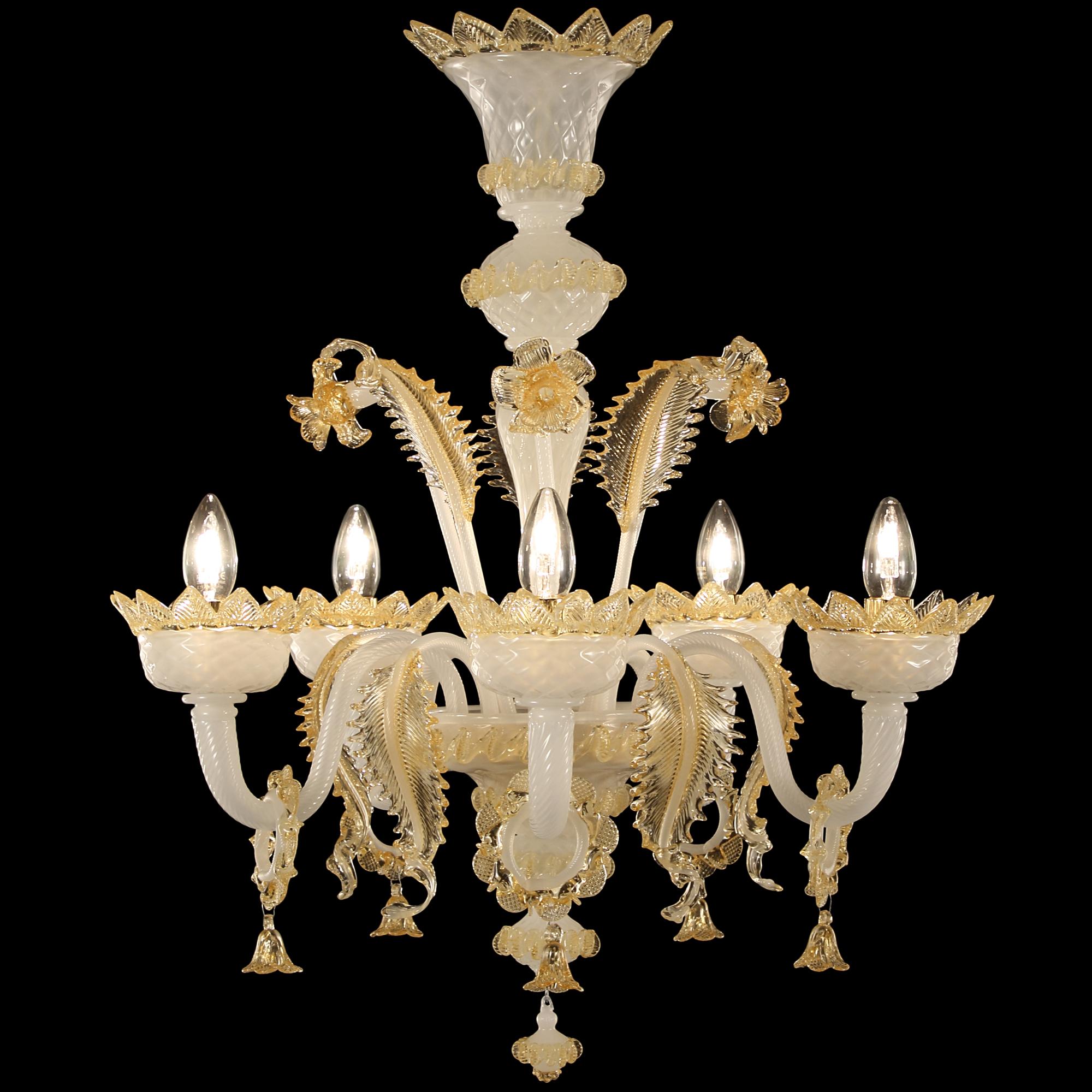 Other Classic Chandelier 5 Arms White Silk-amber Murano Glass by Multiforme in stock For Sale