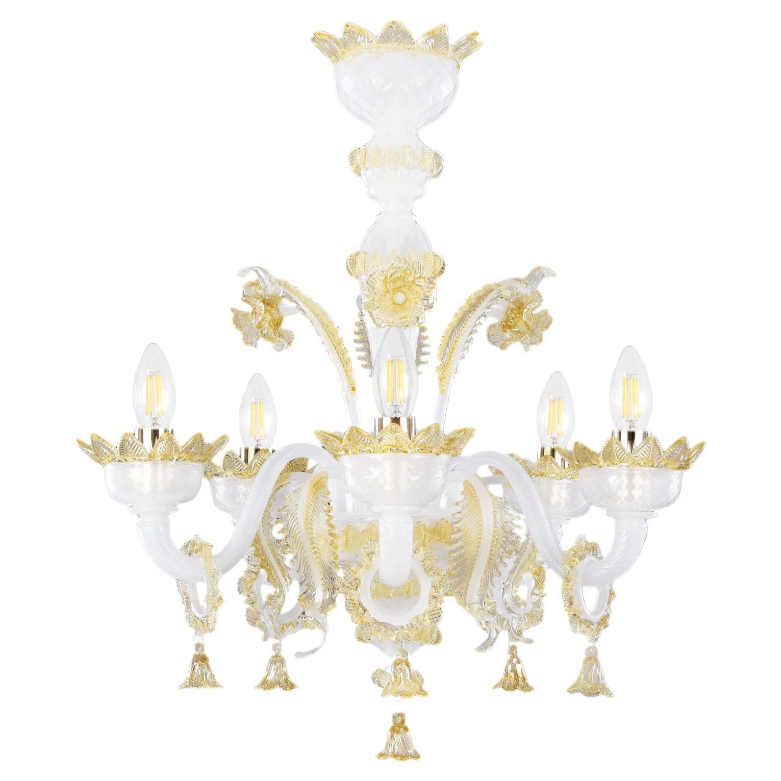 Classic Chandelier 5 Arms White Silk-amber Murano Glass by Multiforme in stock