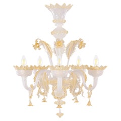 Classic Chandelier 5 Arms White Silk-amber Murano Glass by Multiforme in stock