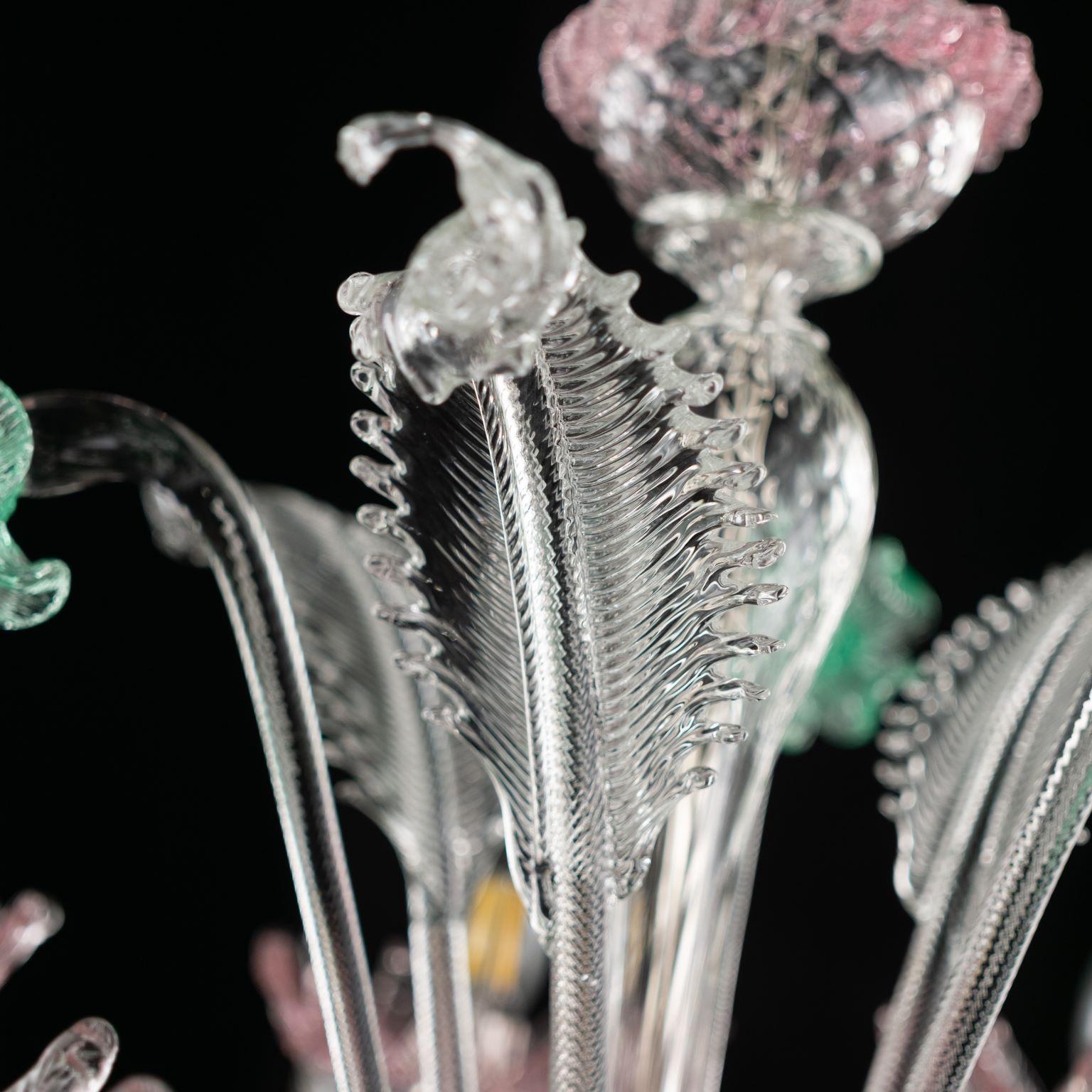 Classic Chandelier 6 Arms Clear and Pink Murano Glass, Green Details Multiforme For Sale 3