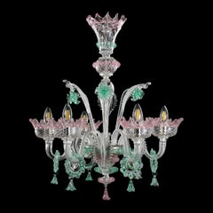 Lustre classique à 6 bras en verre de Murano transparent et rose, détails verts multiformes