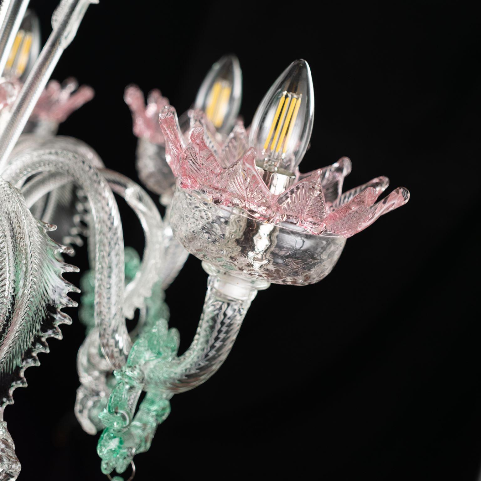 Blown Glass Classic Chandelier 6 Arms Clear and Pink Murano Glass, Green Details Multiforme For Sale