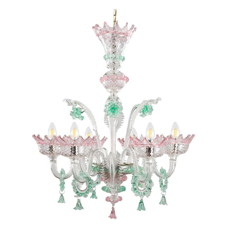 Classic Chandelier 6 Arms Clear And Pink Murano Glass Green Details Multiforme For At 1stdibs Classic Chandelier 6 Arms Clear And, Pink Green Chandelier Crystals