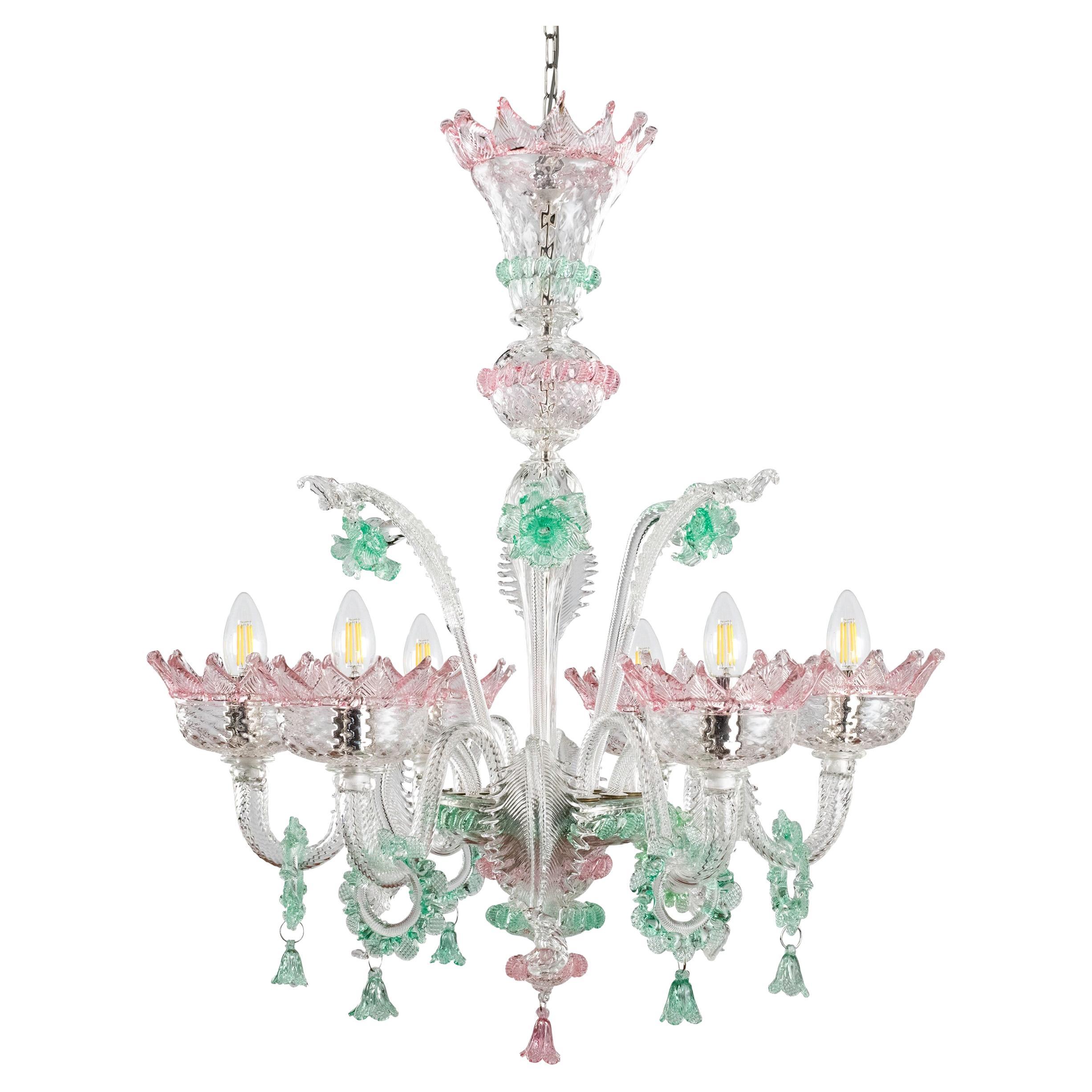 Klassischer 6-Arm-Kronleuchter aus klarem und rosa Muranoglas, grüne Details Multiforme im Angebot