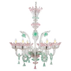 Lustre classique à 6 bras en verre de Murano transparent et rose, détails verts multiformes