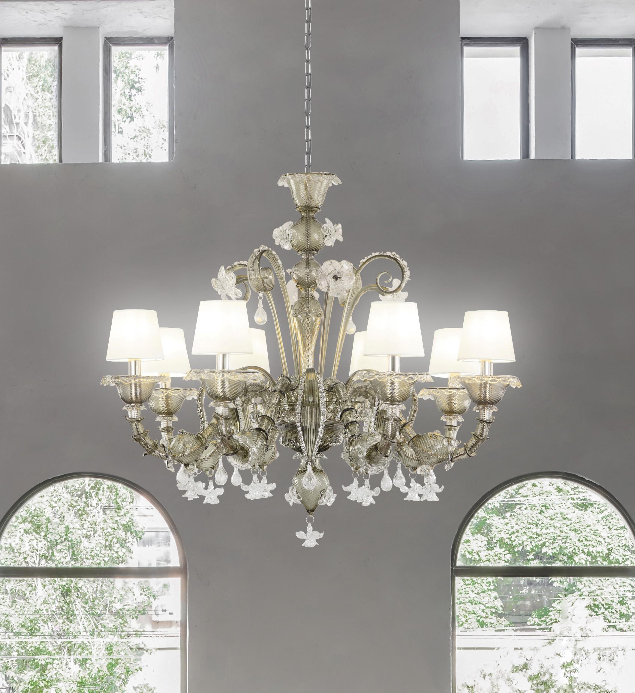 XXI secolo e contemporaneo Lampadario classico, 6 luci, vetro di Murano grigio e trasparente di Multiforme in stock in vendita