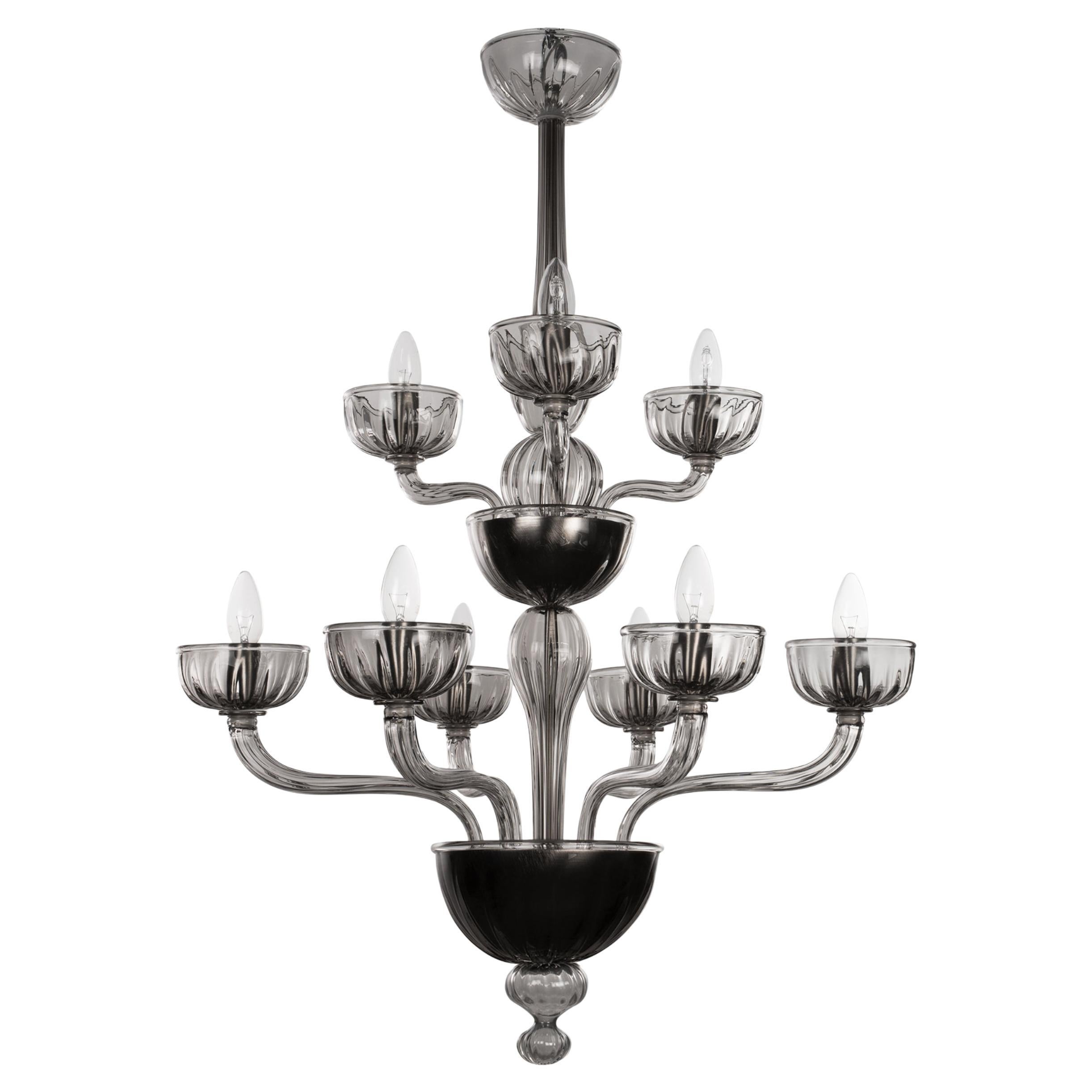 Lampadario classico a 6+3 bracci in vetro grigio Rigadin di Multiforme in vendita