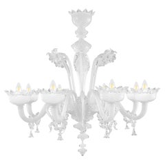 Lustre classique à 8 bras en verre de Murano de soie et cristal blanc par Multiforme, en stock