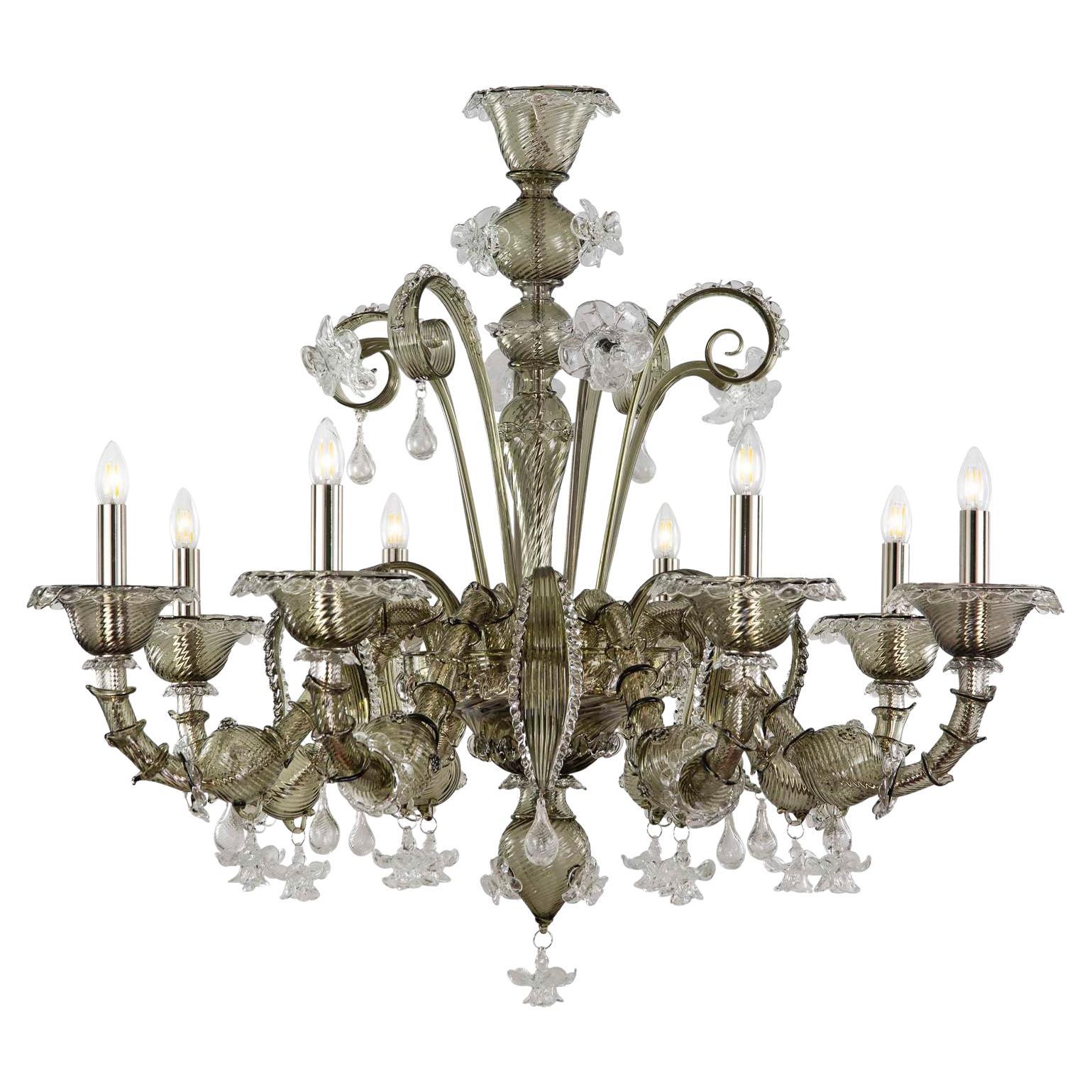 Classic Chandelier, 8 Lights, Grey Murano Glass V-Magic by Multiforme in stock For Sale