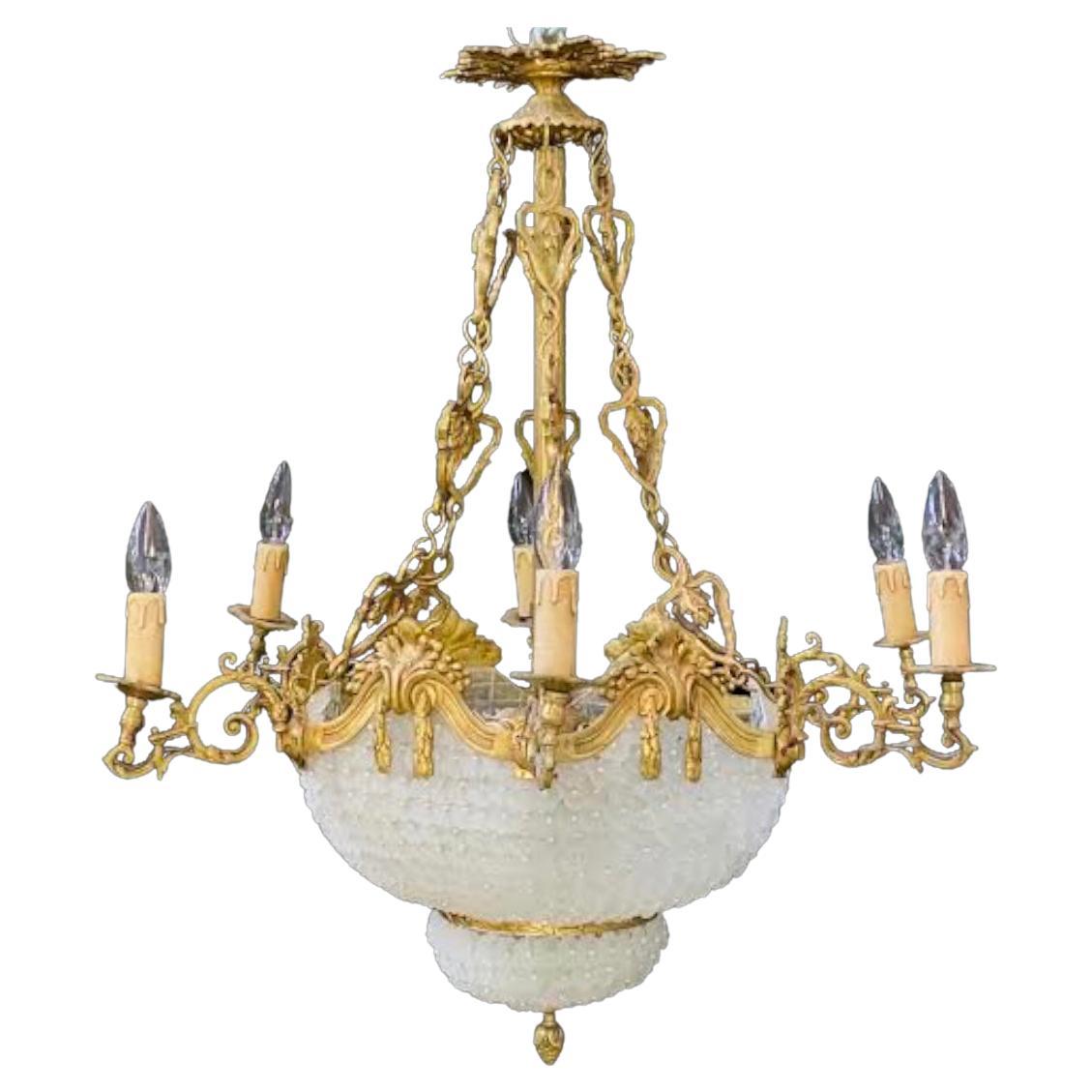 Classic Chandelier With Vintage Carved Frosted Glass Floral Beads