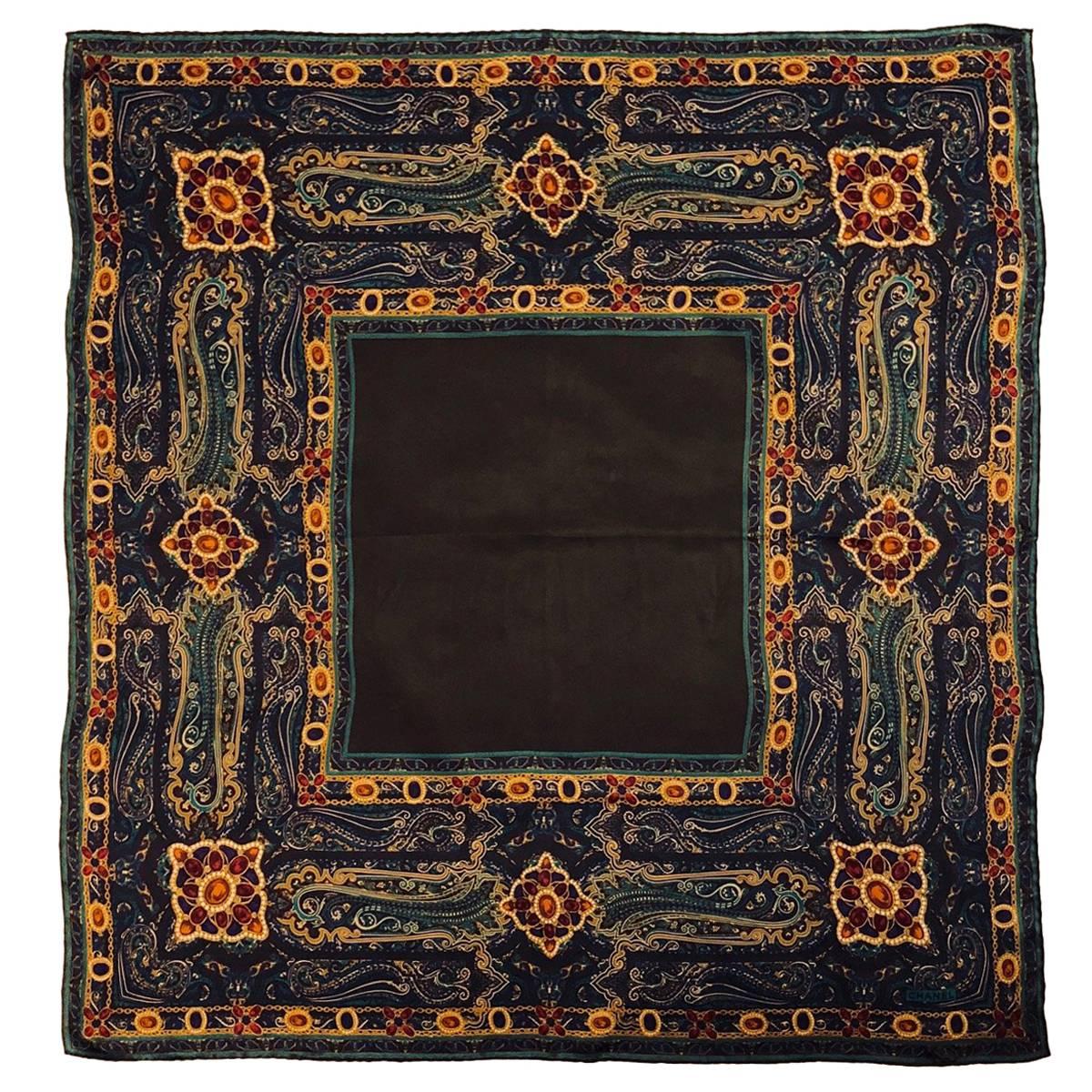 Classic Chanel Chocolate Jeweled Paisley Print Silk Scarf