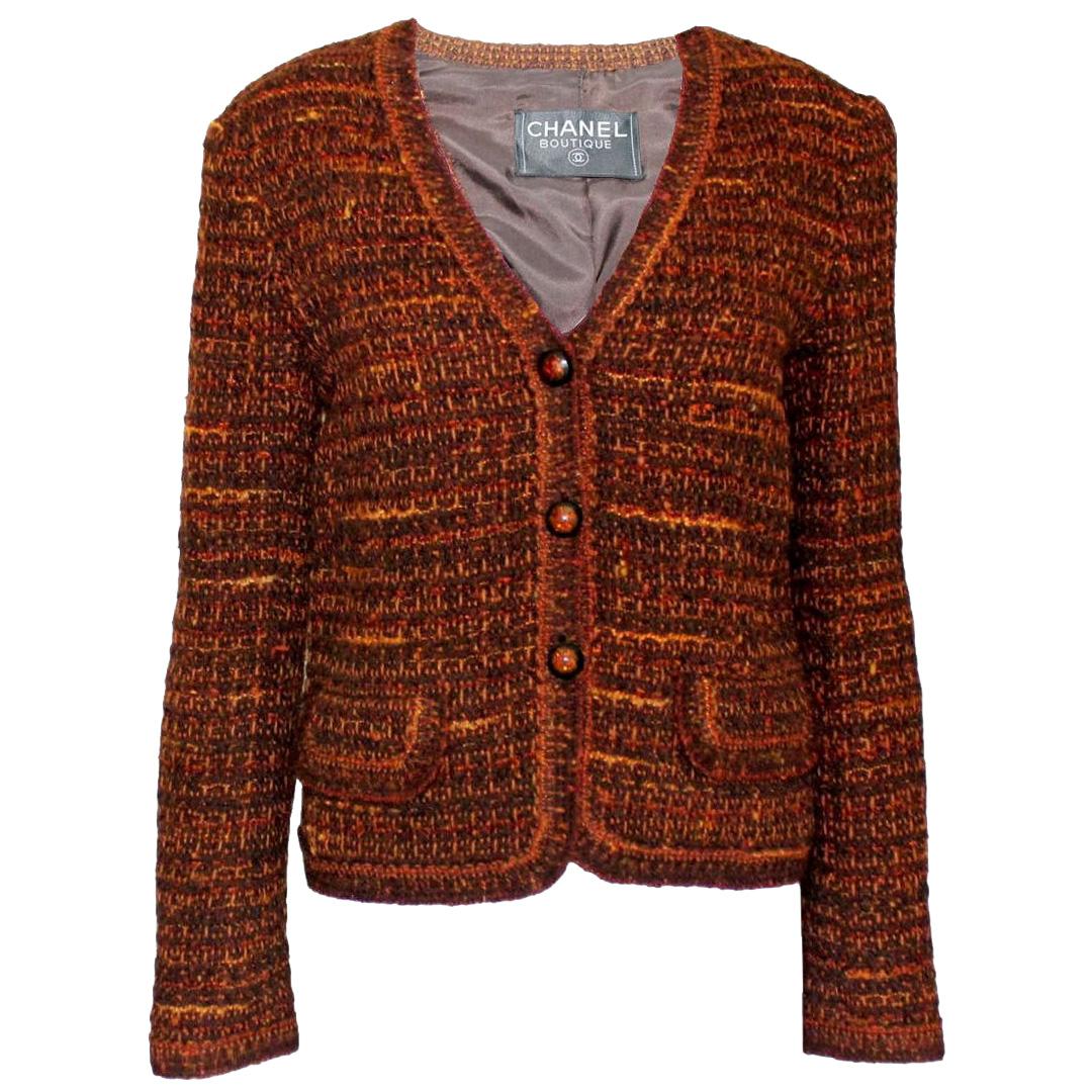 Classic Chanel Tweed Jacket with Amber-Colored Camellia Buttons