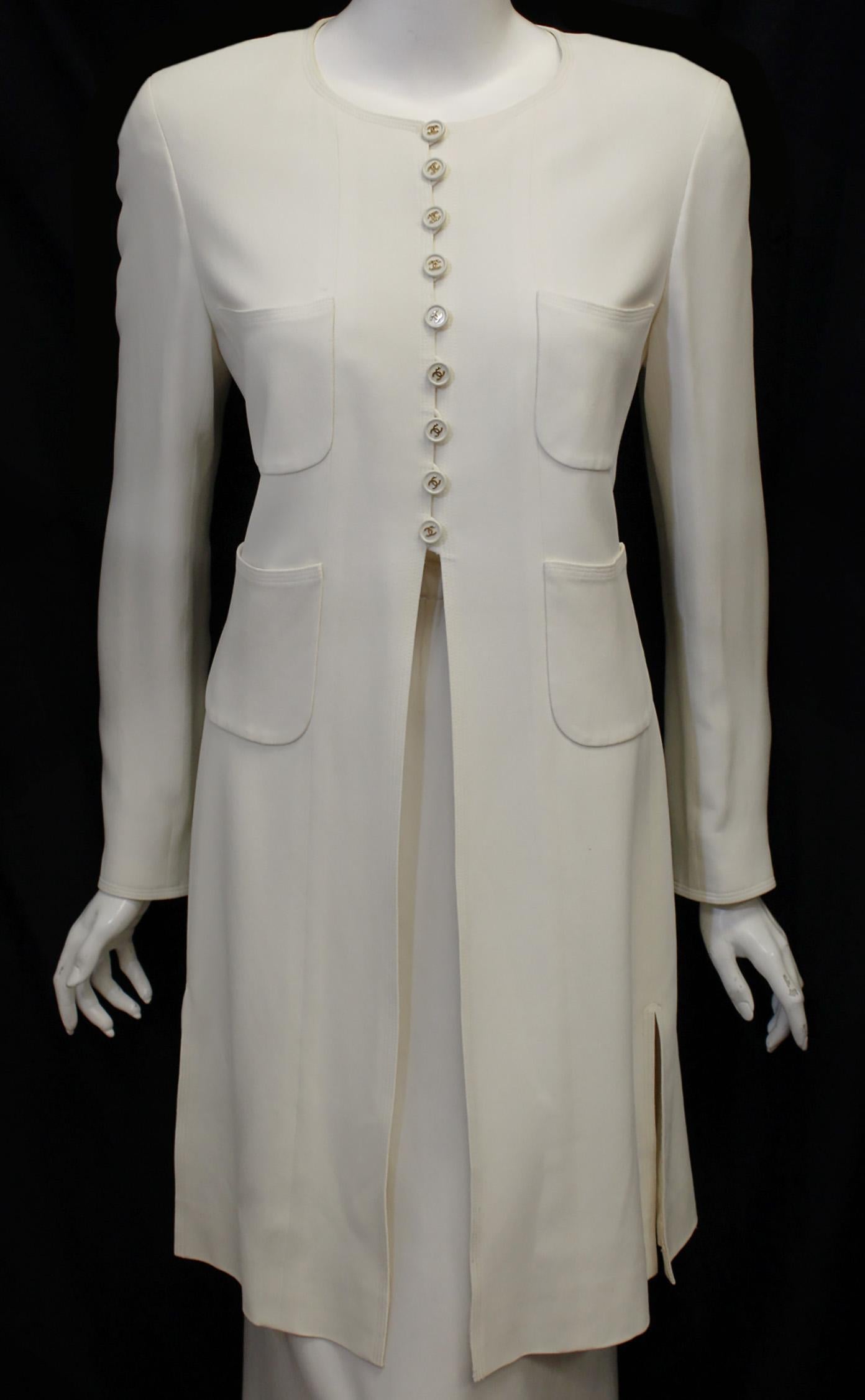 Gray Classic Chanel Winter White Wool Blend Long Jacket 