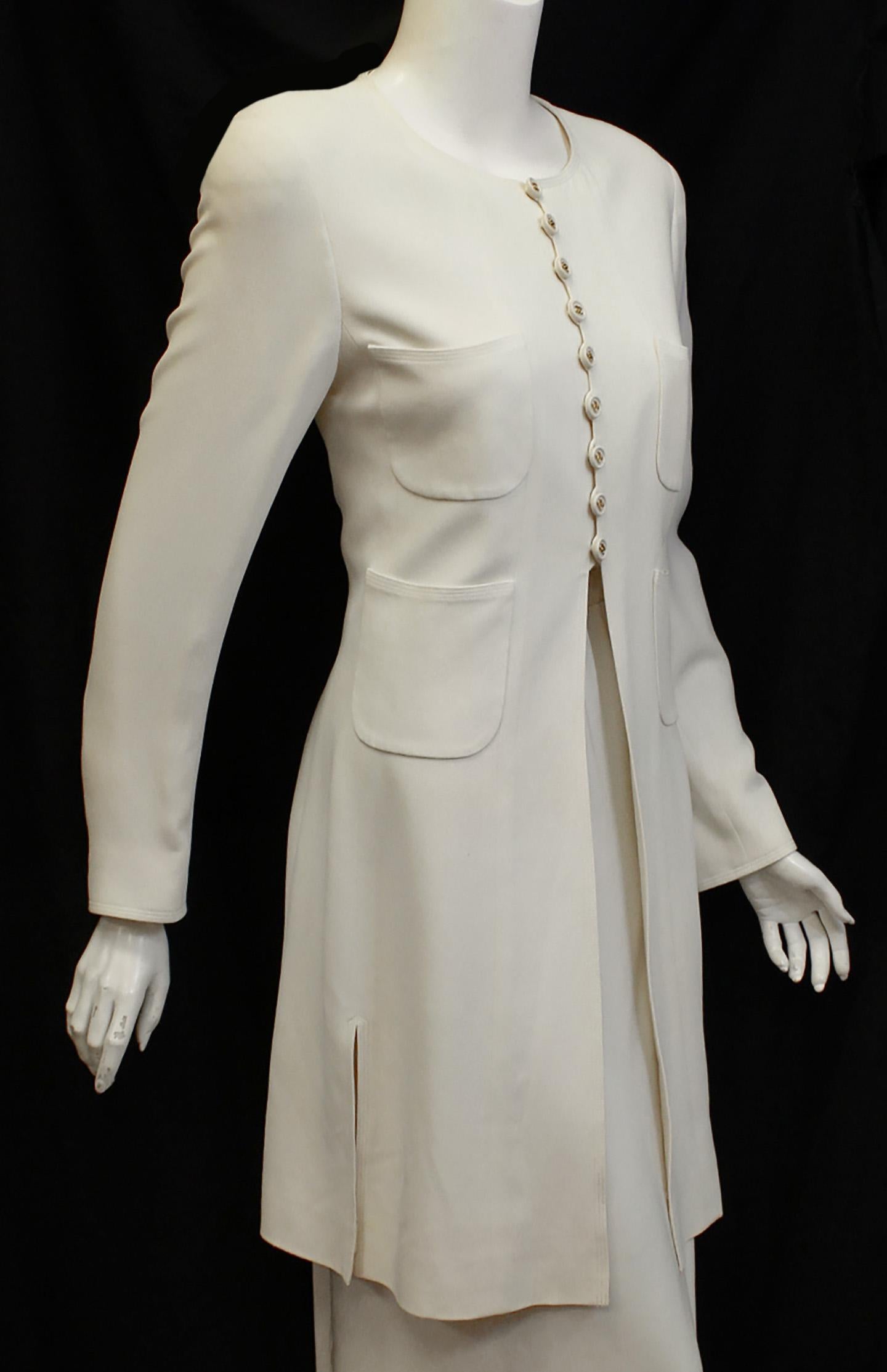 Classic Chanel Winter White Wool Blend Long Jacket  In Excellent Condition In Palm Beach, FL