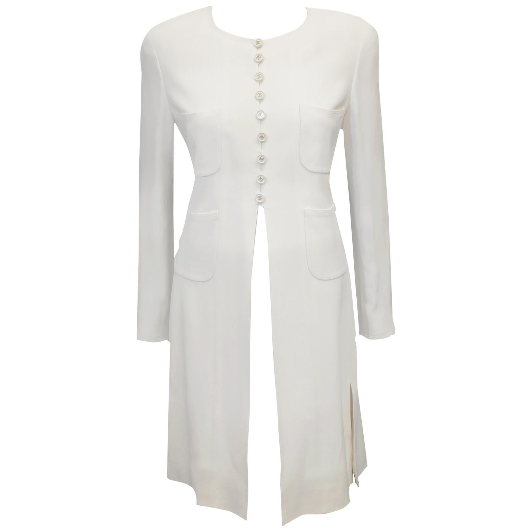 Classic Chanel Winter White Wool Blend Long Jacket 