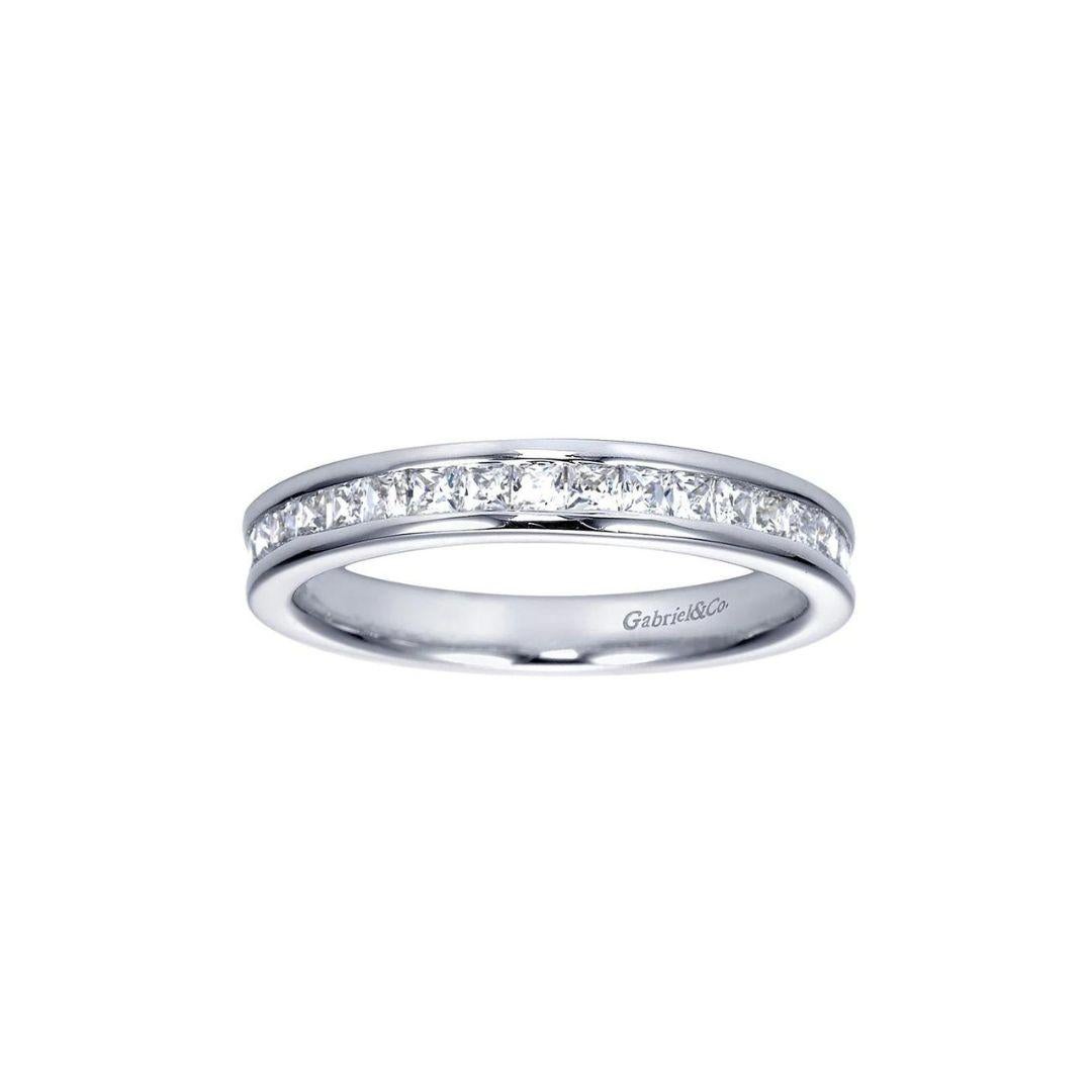 classic channel set diamond band in 14k white gold by Gabriel Co. Band contains 0.45 ctw of fine white princess cut diamonds, H color, SI clarity. Comfort fit.