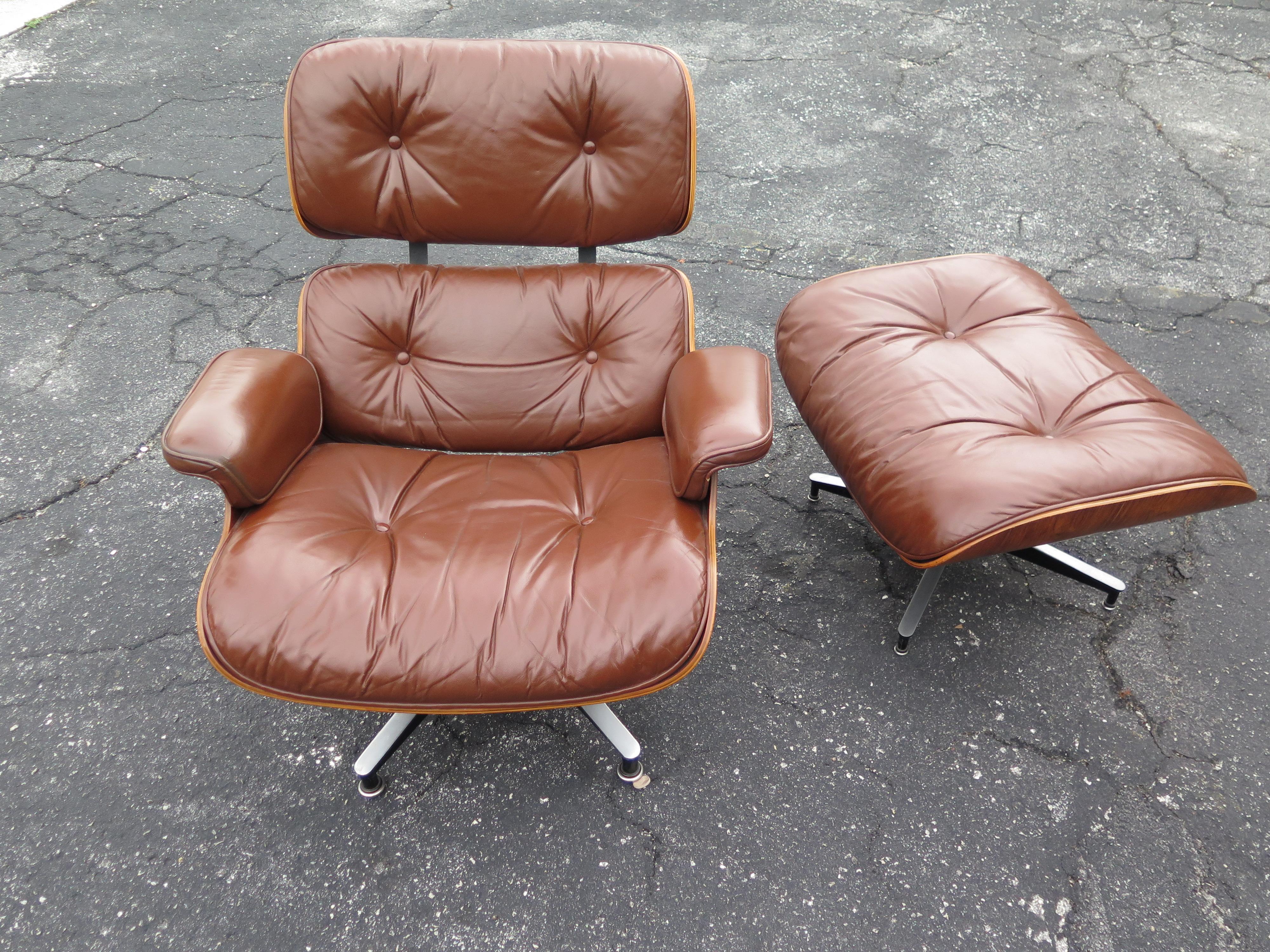 Classic Charles Eames Herman Miller Lounge Chair 1970's Cognac Brown Leather For Sale 12