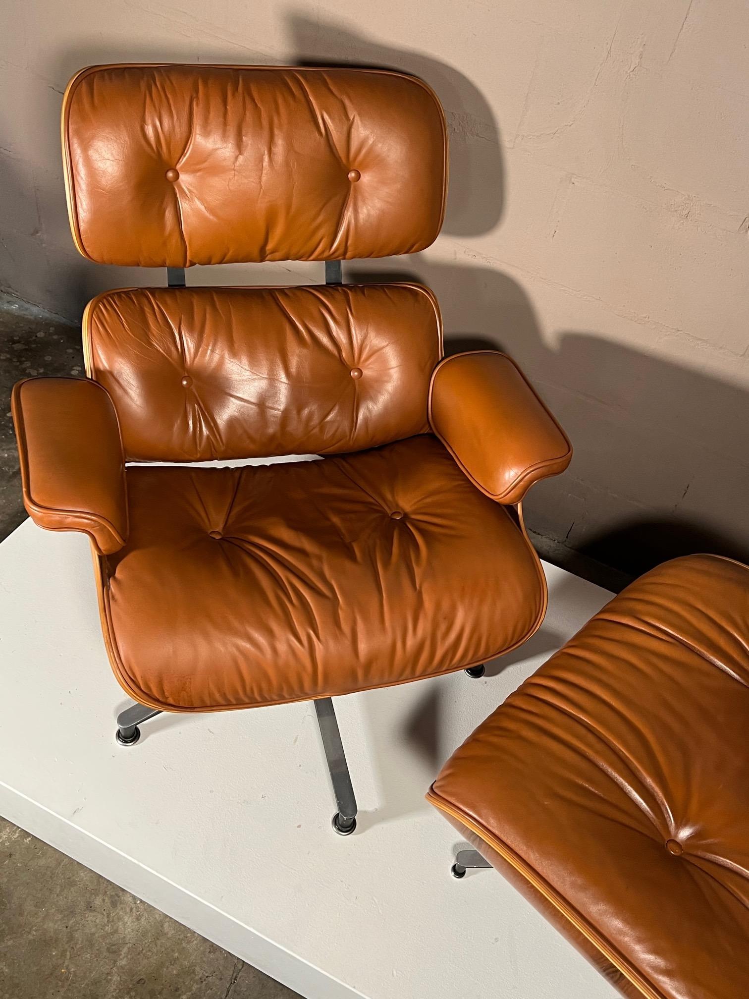 Classic Charles Eames Herman Miller Lounge Chair 1980's Cognac Brown Leather 12