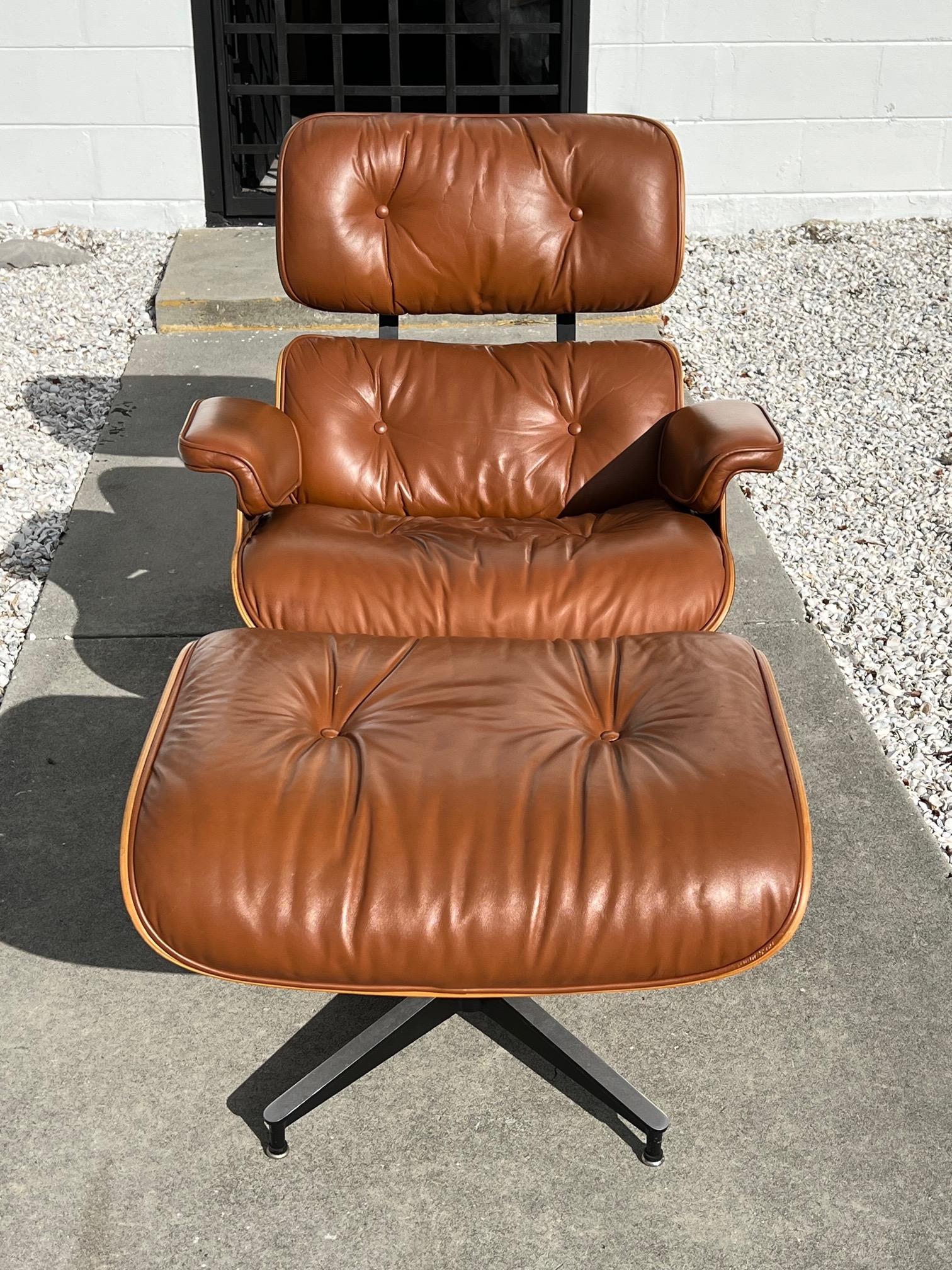 Classic Charles Eames Herman Miller Lounge Chair 1980's Cognac Brown Leather 2