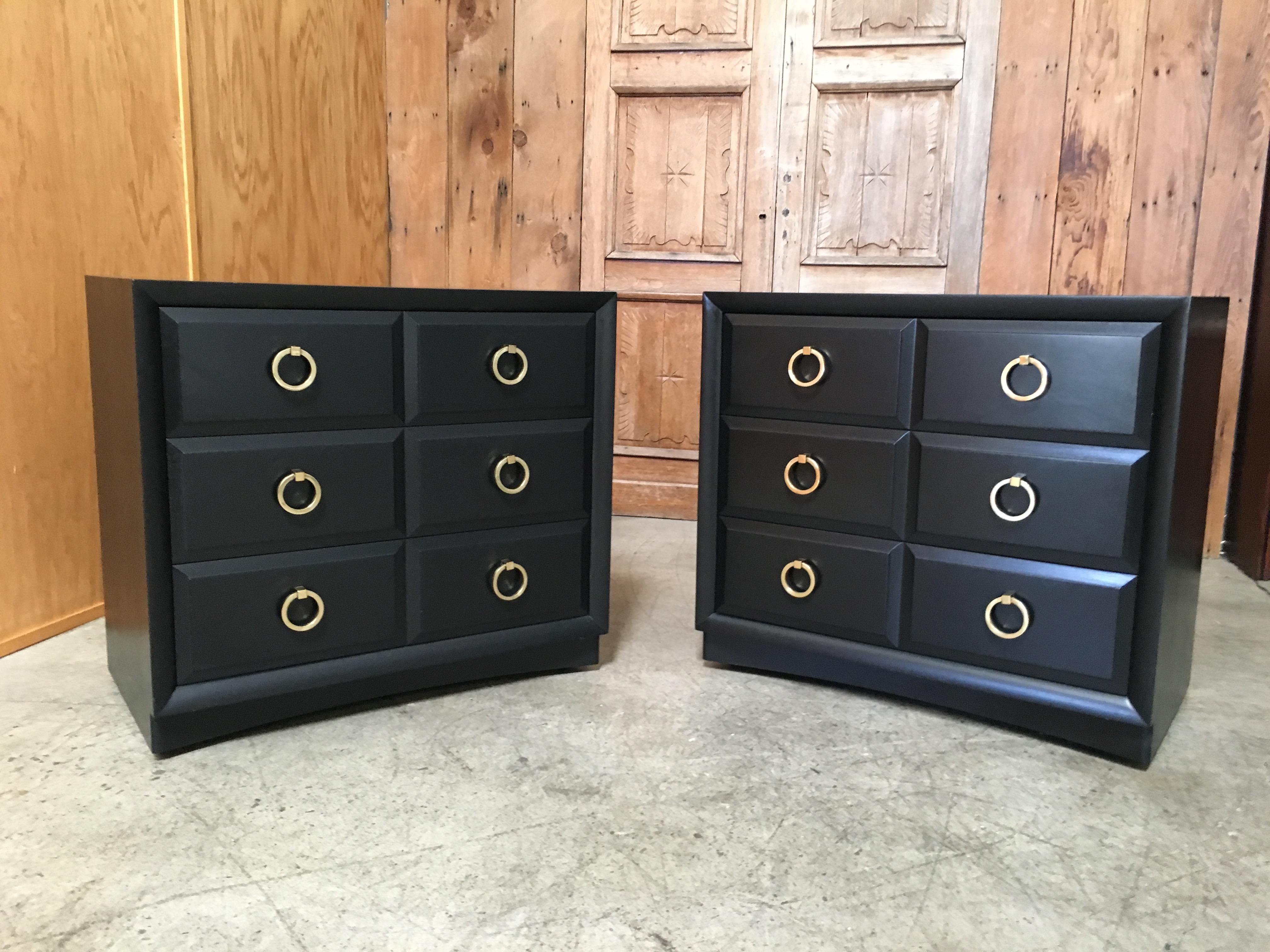 Pair of Classic chest by Robsjohn-Gibbings for Widdicomb. Iconic brass ring pulls. Ebonized wood finish.