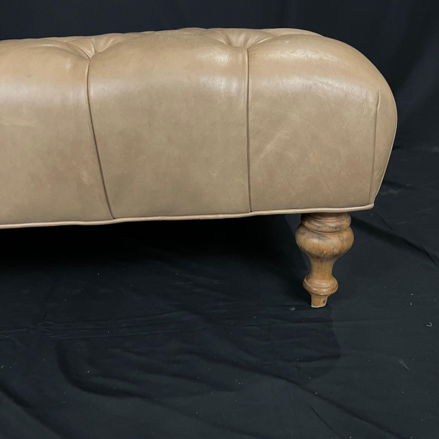 Classic Chesterfield Style Large Tufted Buttery Leather Beige Ottoman 3