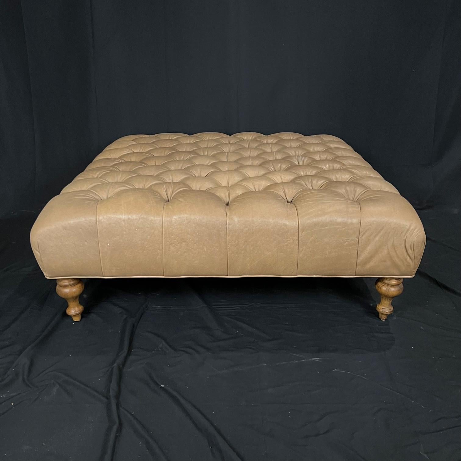 Classic Chesterfield Style Large Tufted Buttery Leather Beige Ottoman 7