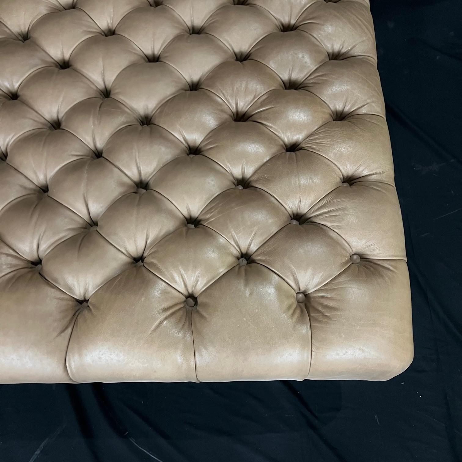 American Classic Chesterfield Style Large Tufted Buttery Leather Beige Ottoman