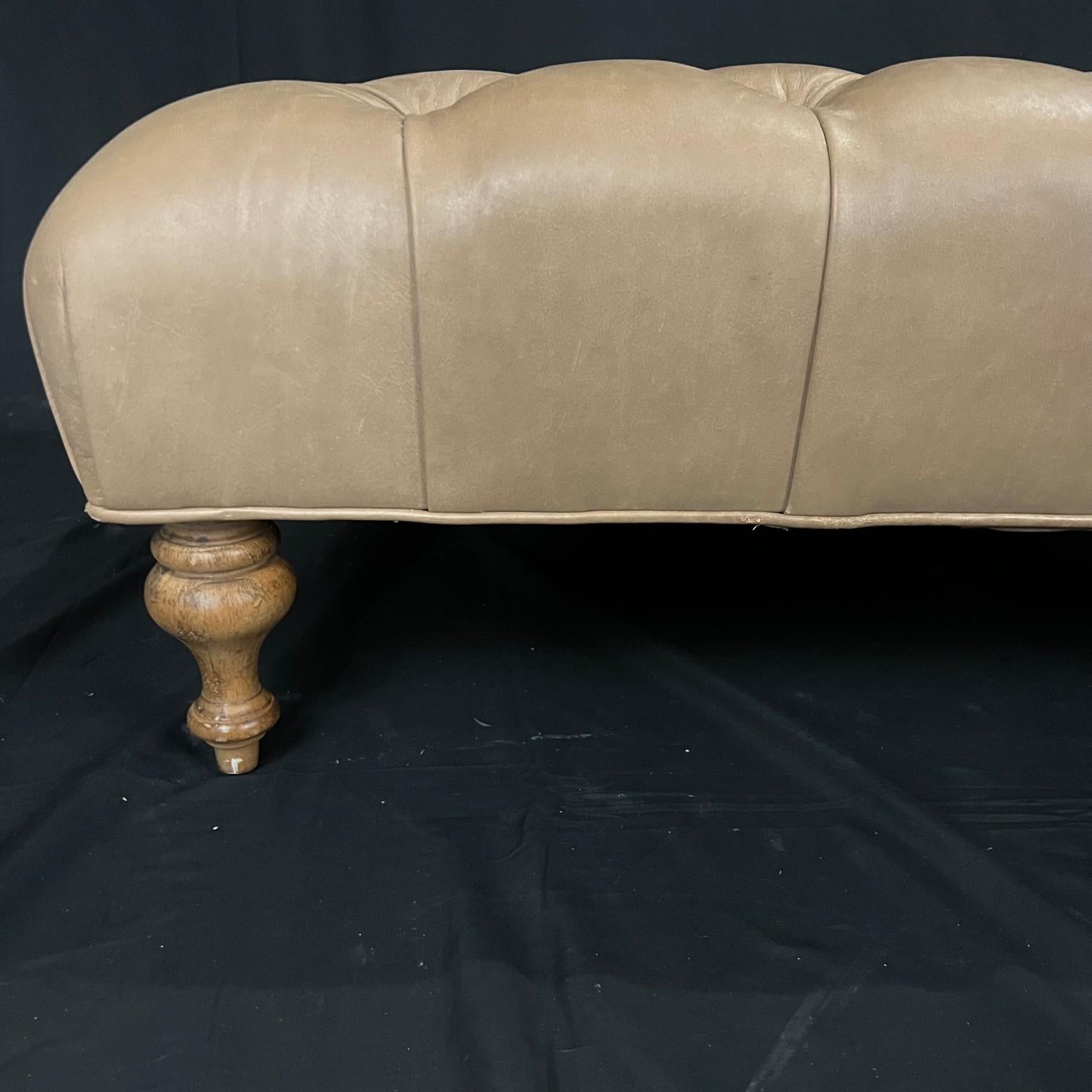 Classic Chesterfield Style Large Tufted Buttery Leather Beige Ottoman In Good Condition In Hopewell, NJ