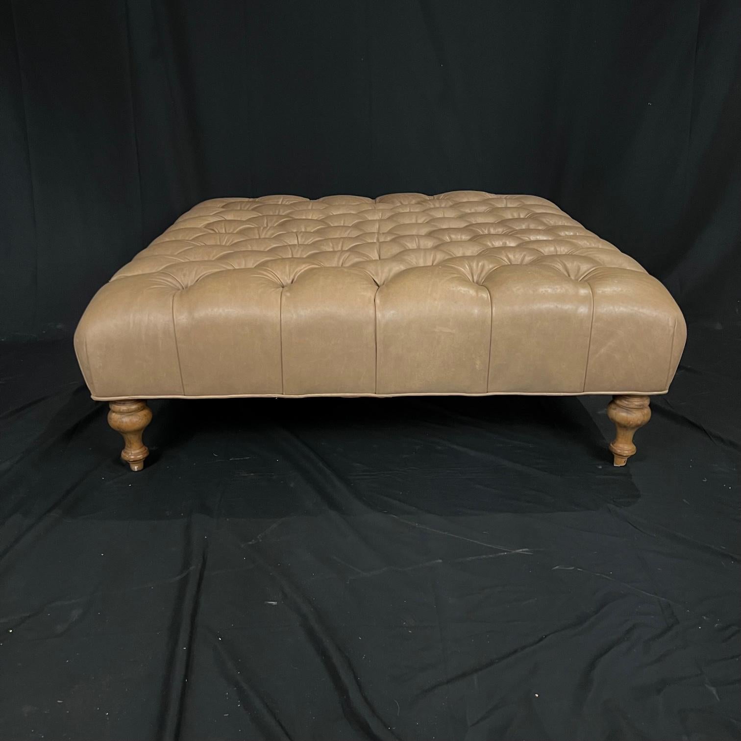 Late 20th Century Classic Chesterfield Style Large Tufted Buttery Leather Beige Ottoman