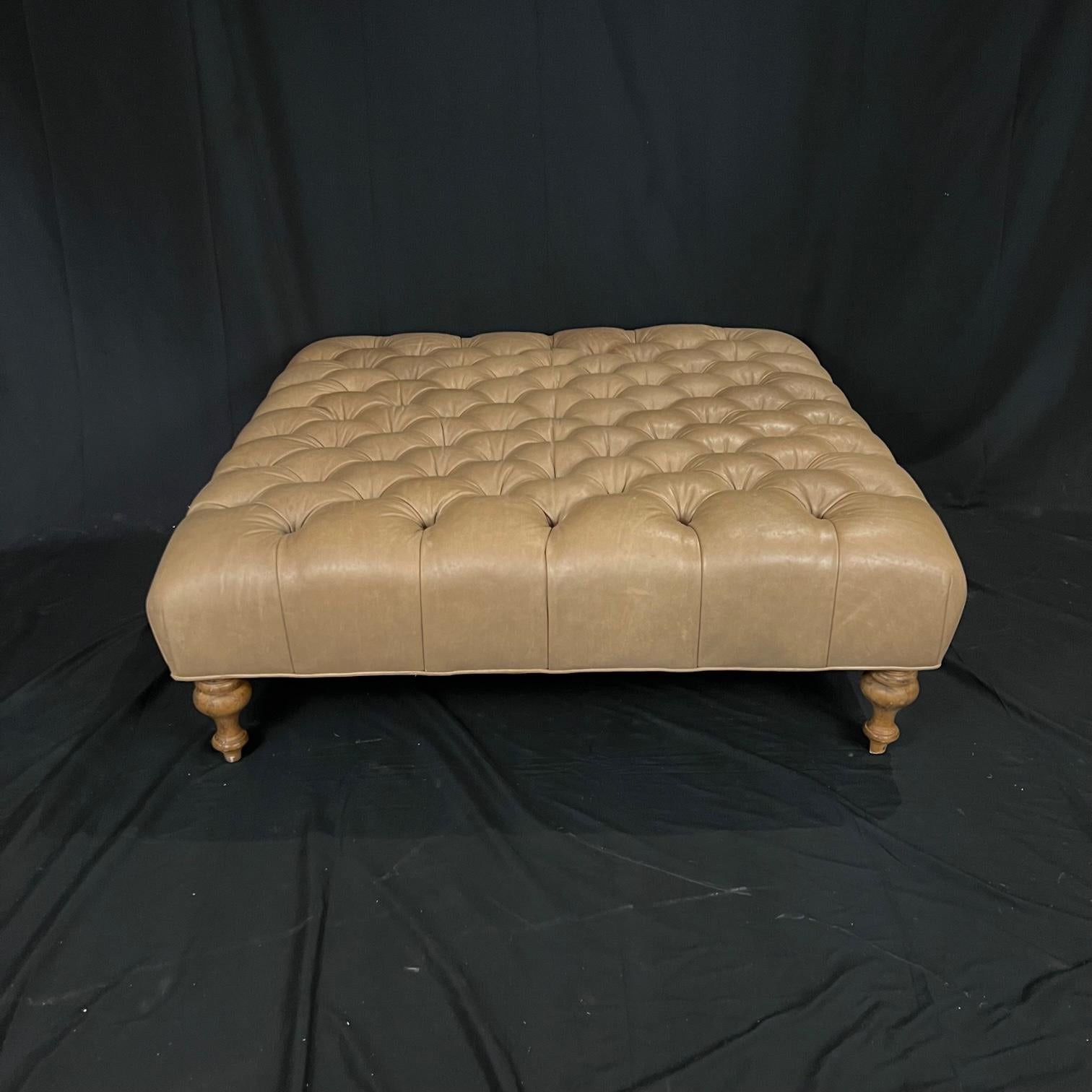 Classic Chesterfield Style Large Tufted Buttery Leather Beige Ottoman 1
