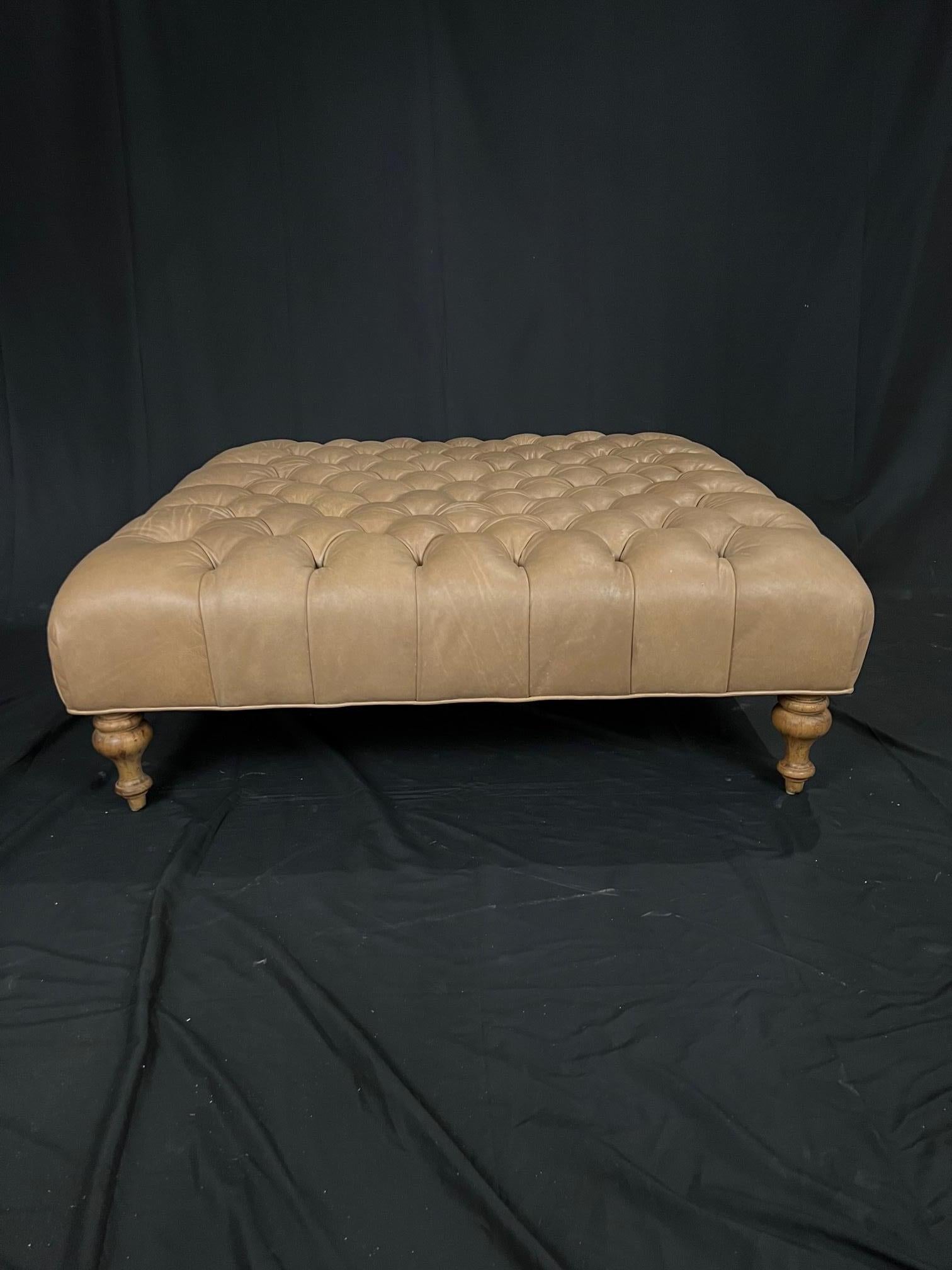 Classic Chesterfield Style Large Tufted Buttery Leather Beige Ottoman 2