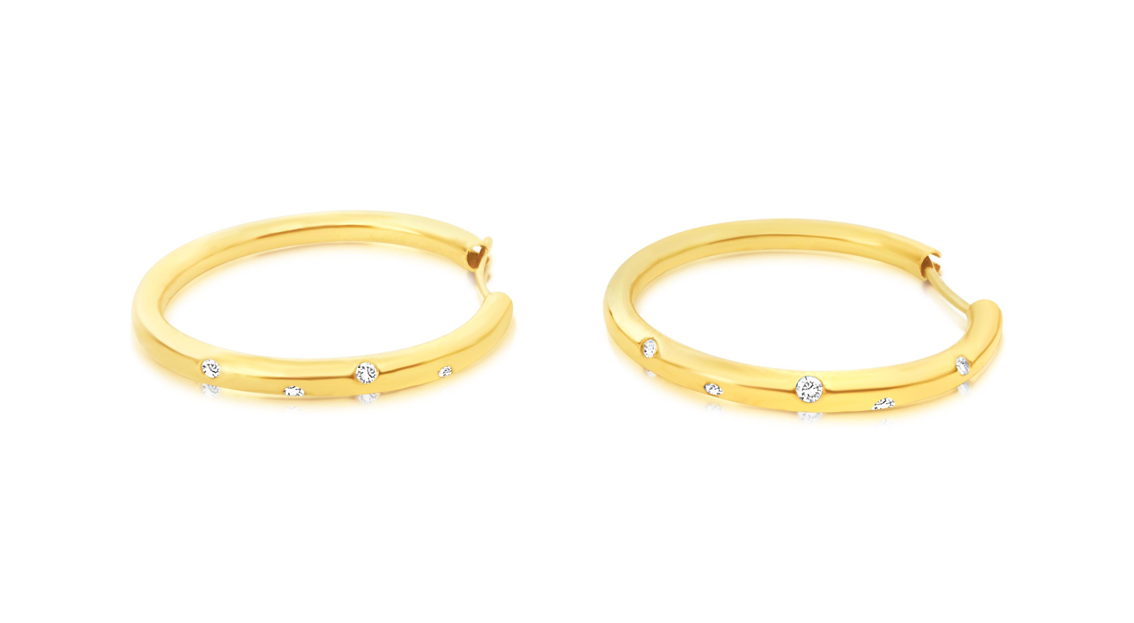 Round Cut Classic Chic Diamond and Gold Hoop Earrings For Sale