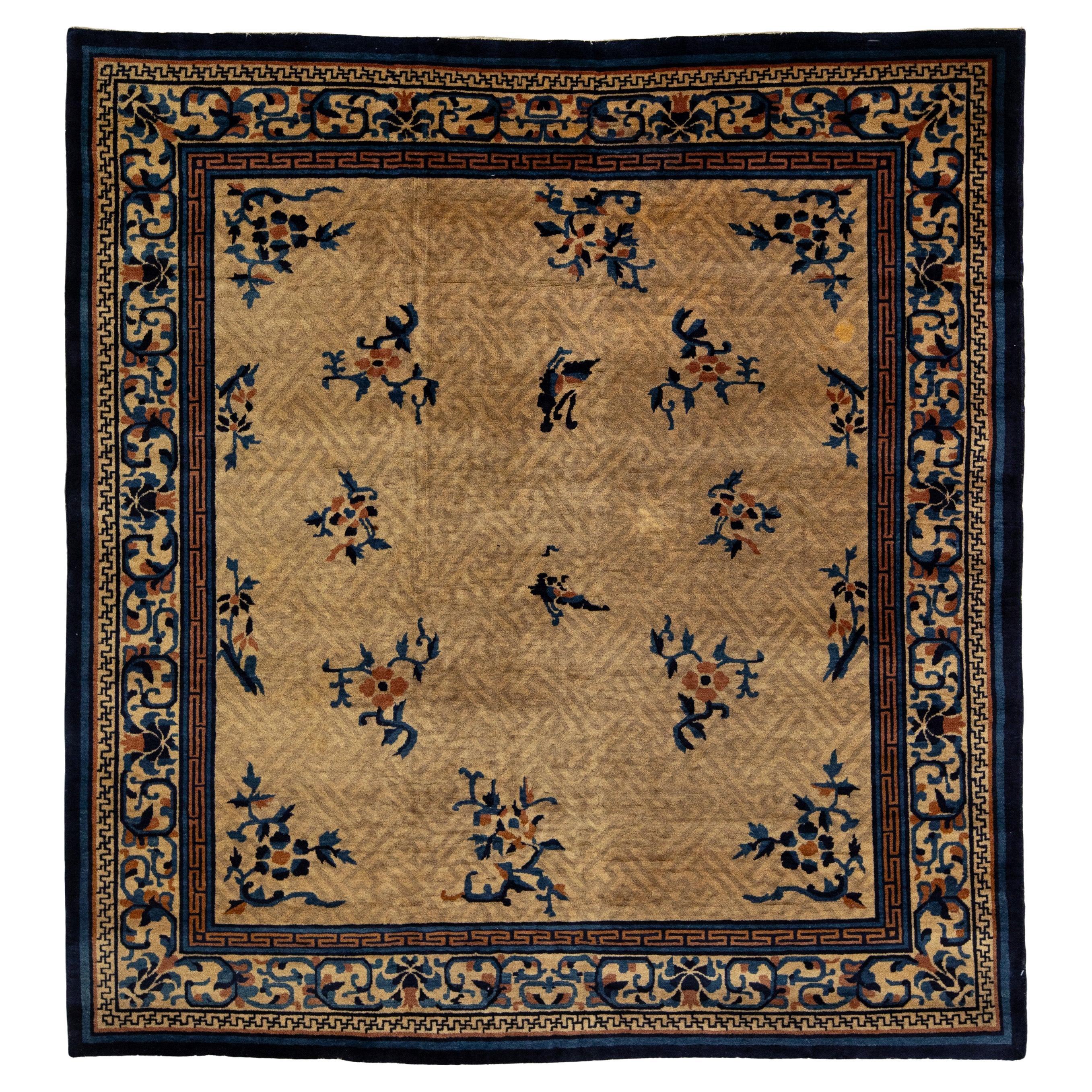 Vintage Chinese Carpet, Tan and Blue Carpet, Handmade Wool Rug For Sale