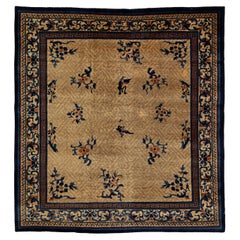 Classic Chinese Antique Peking Square Wool Rug Handmade In Tan 