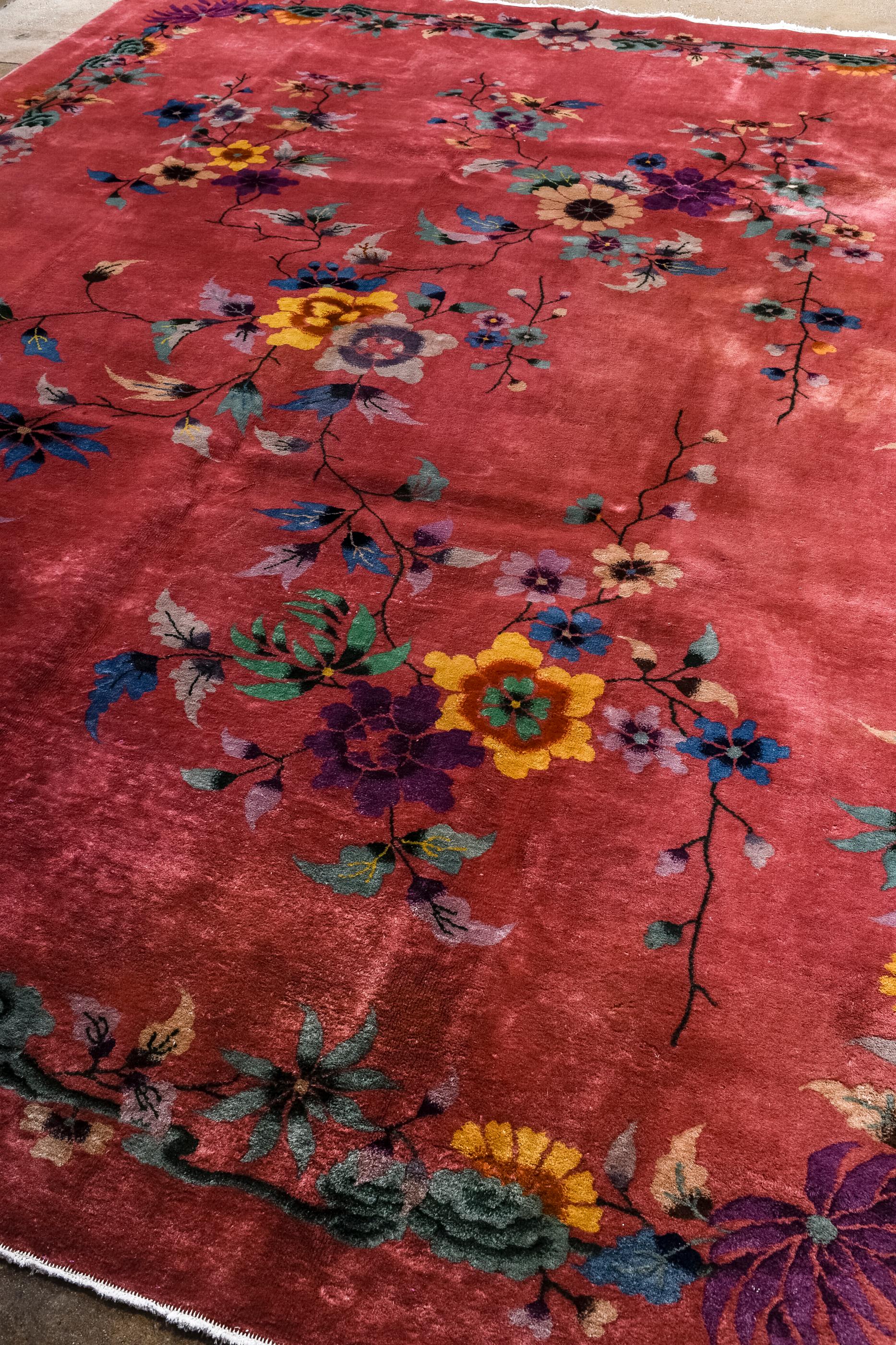 Hand-Knotted Classic Chinese Art Deco Rug with Rose Tone Ground and a Floral Trellis  For Sale