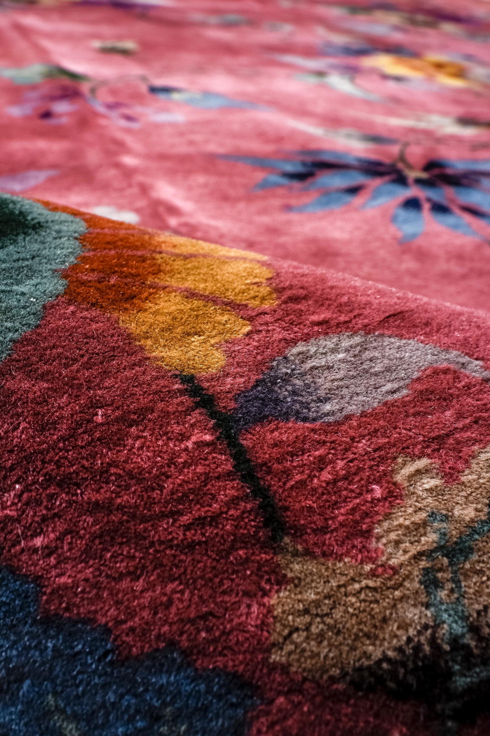 Classic Chinese Art Deco Rug with Rose Tone Ground and a Floral Trellis For Sale 1