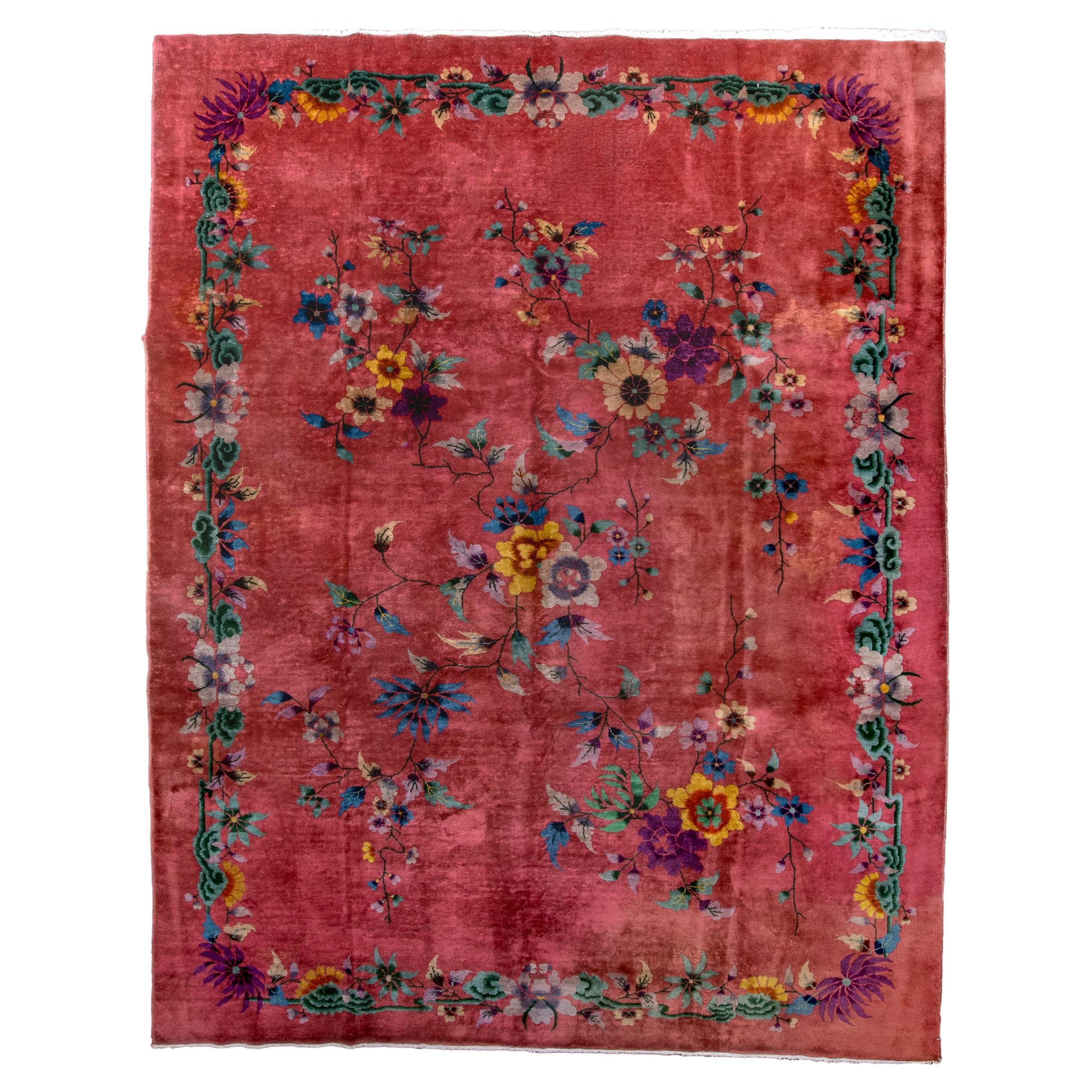 Classic Chinese Art Deco Rug with Rose Tone Ground and a Floral Trellis  For Sale